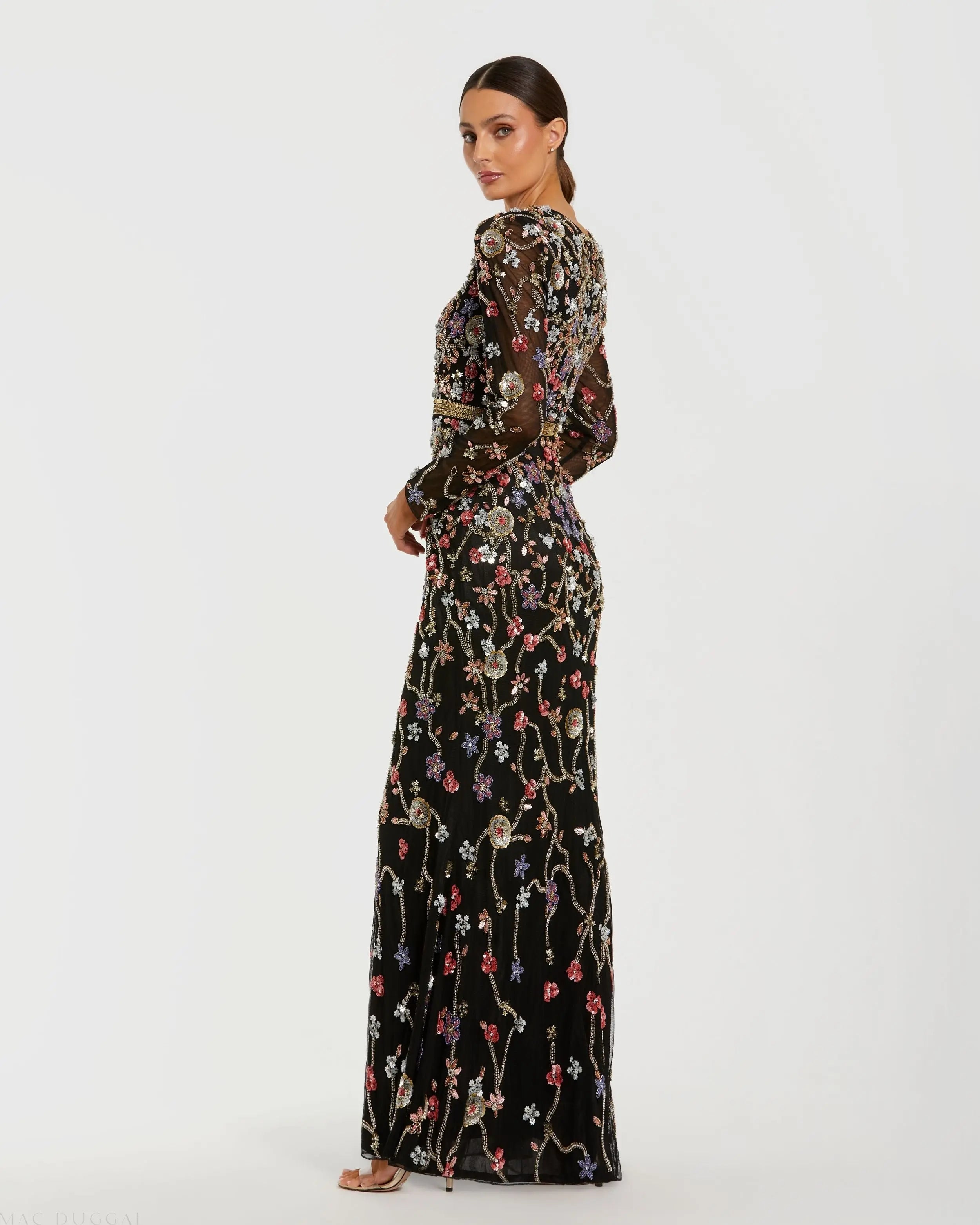 Black Embellished Mesh Long Sleeve Gown-Myartka