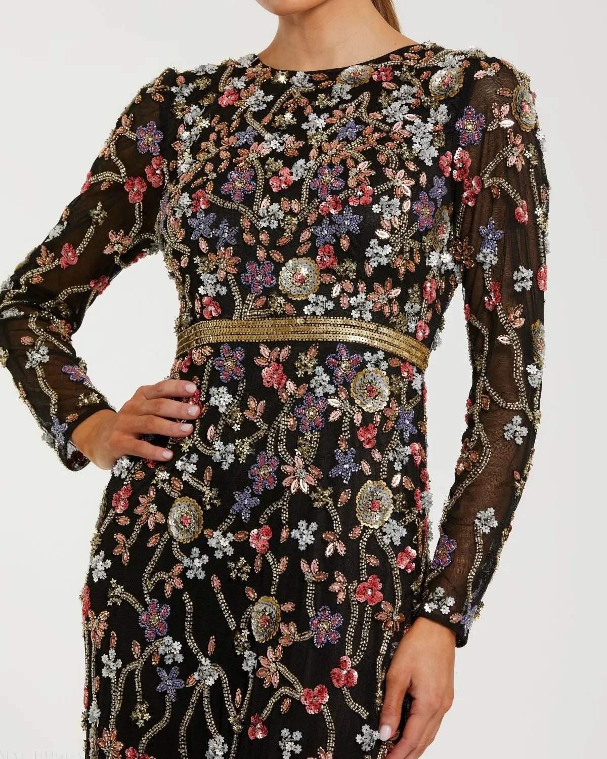 Black Embellished Mesh Long Sleeve Gown-Myartka