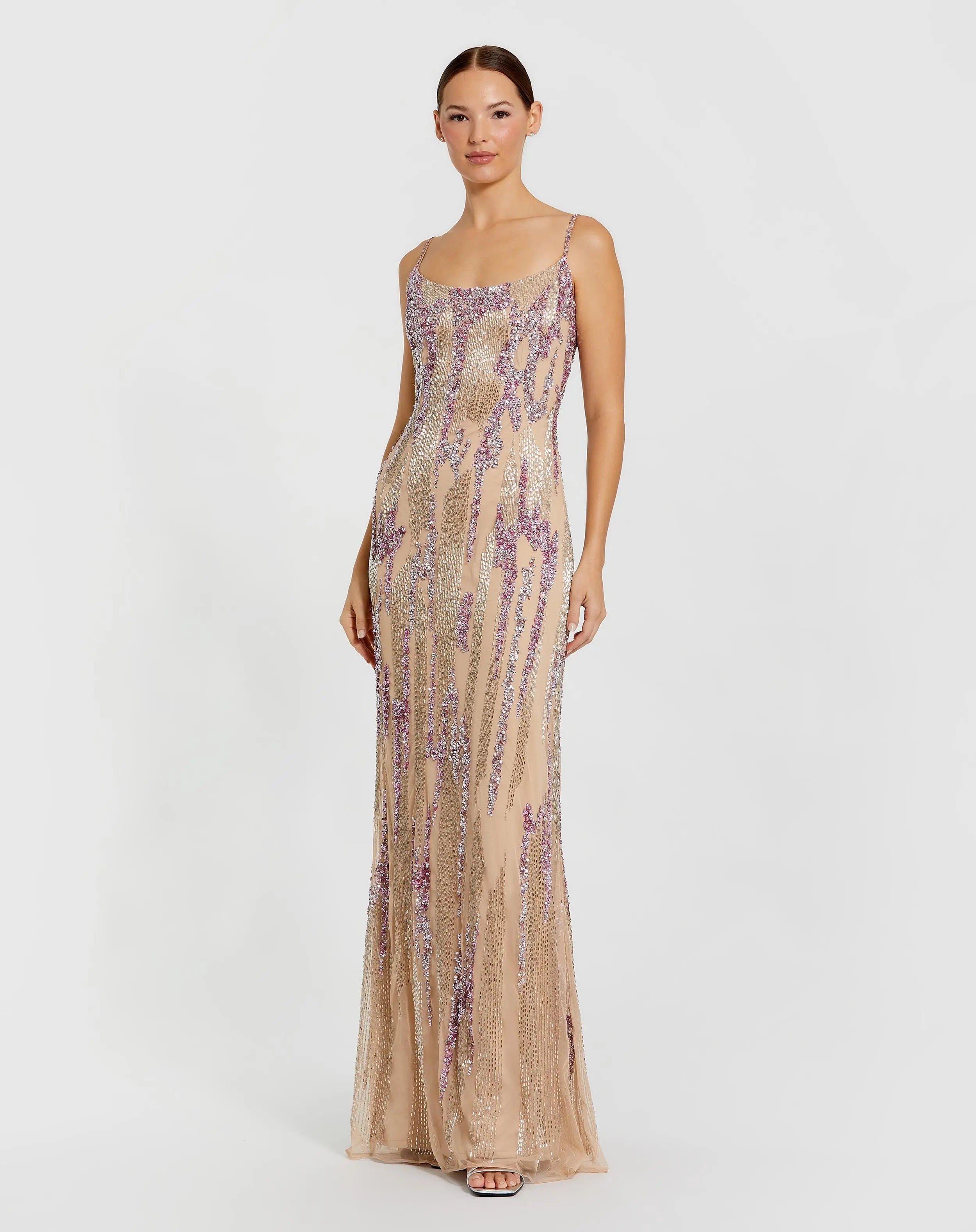 Beige Spaghetti Strap Beaded Column Gown-Myartka