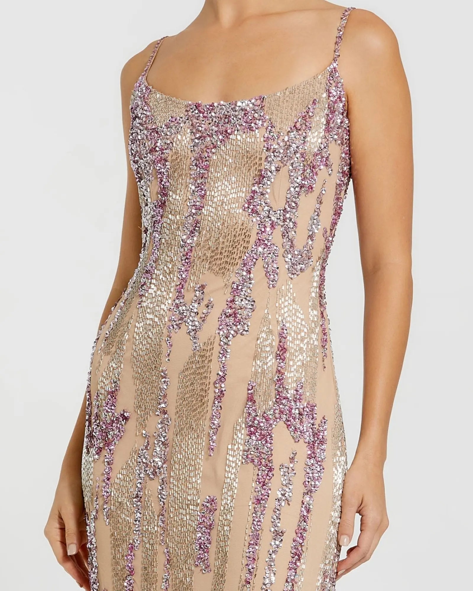 Beige Spaghetti Strap Beaded Column Gown-Myartka