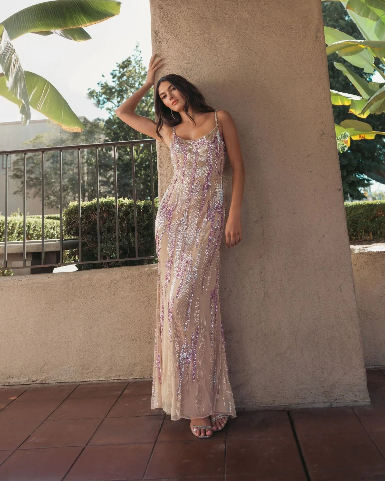 Beige Spaghetti Strap Beaded Column Gown-Myartka