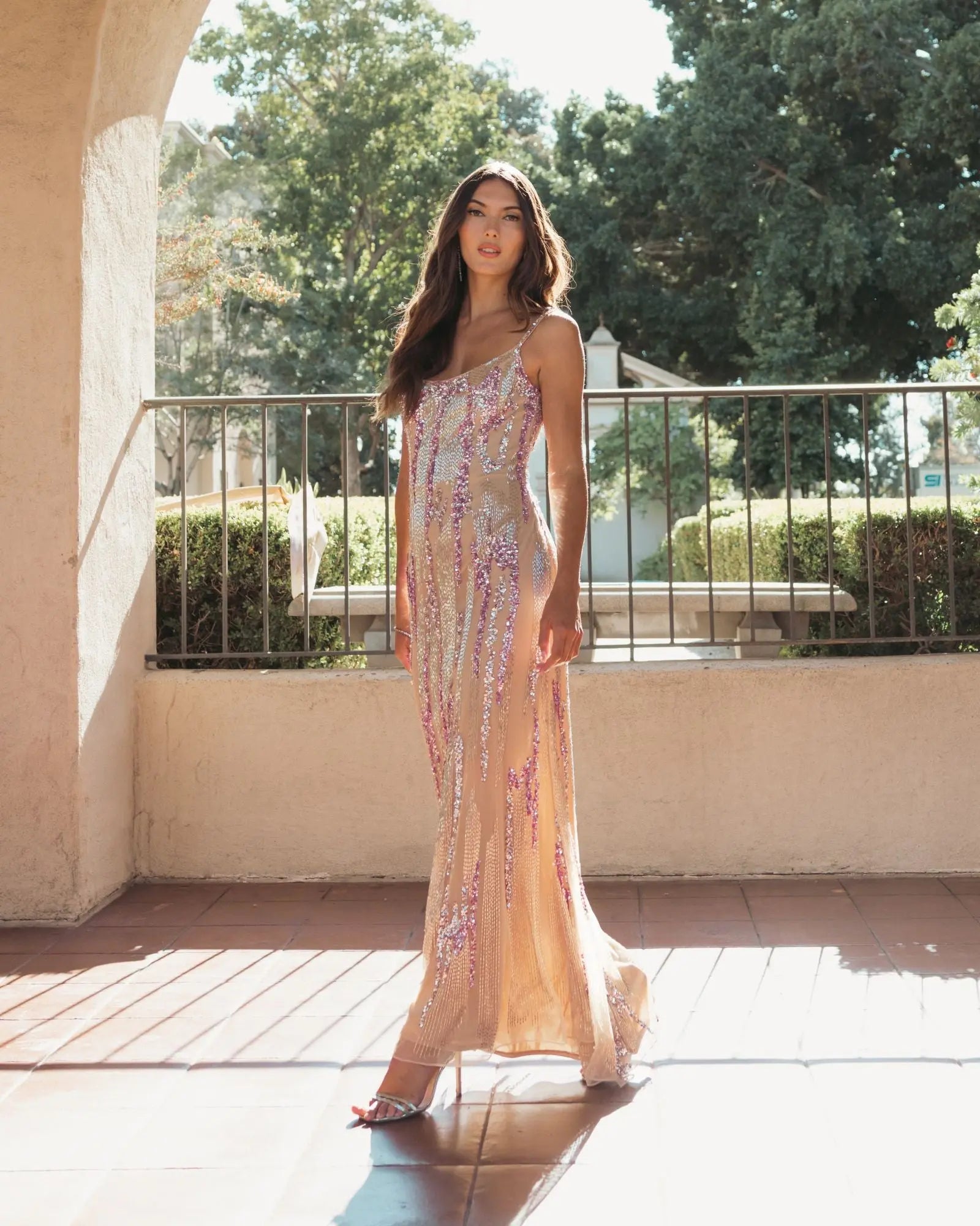 Beige Spaghetti Strap Beaded Column Gown-Myartka