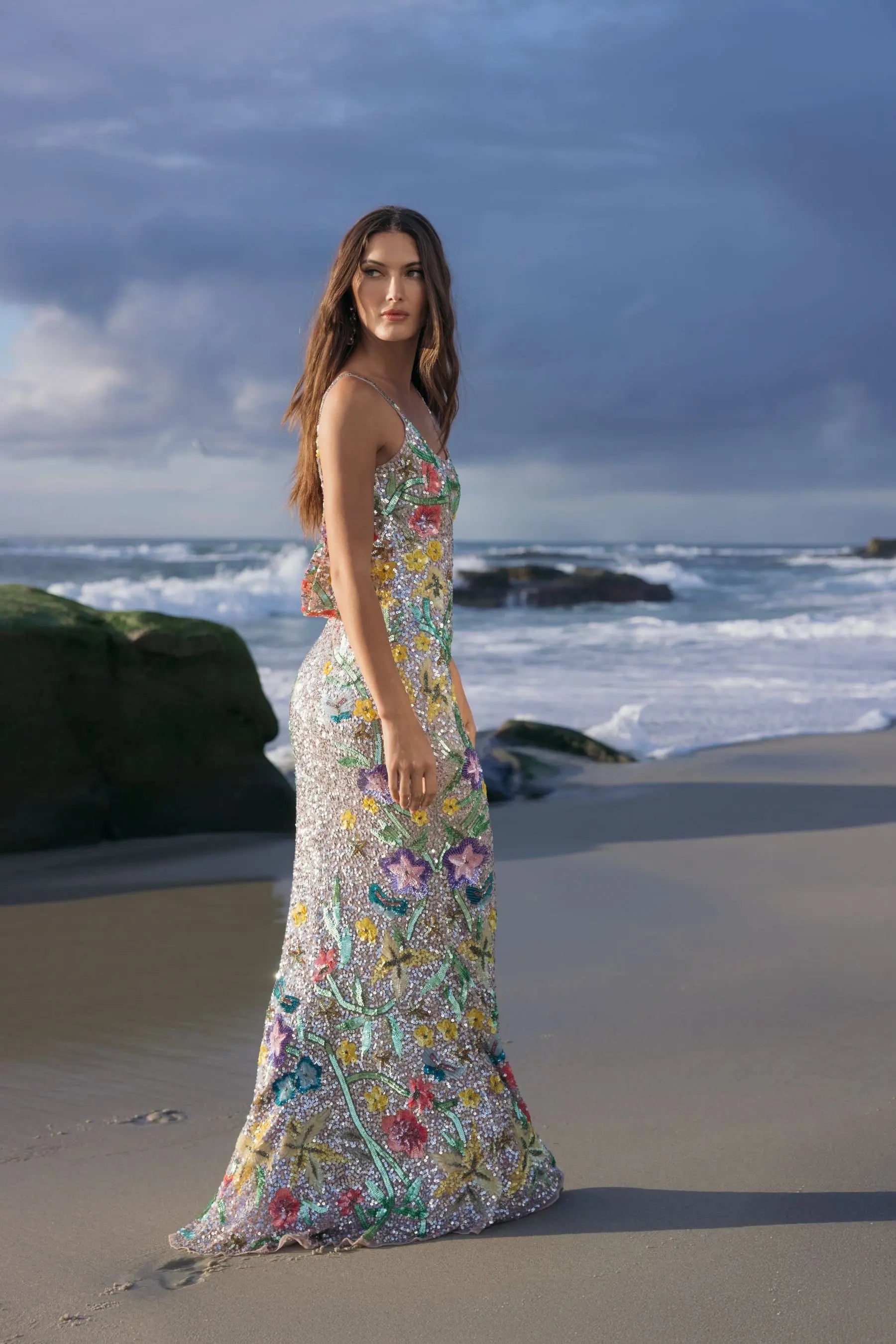 Silver Embellished Sleeveless Cowl Back Gown-Myartka