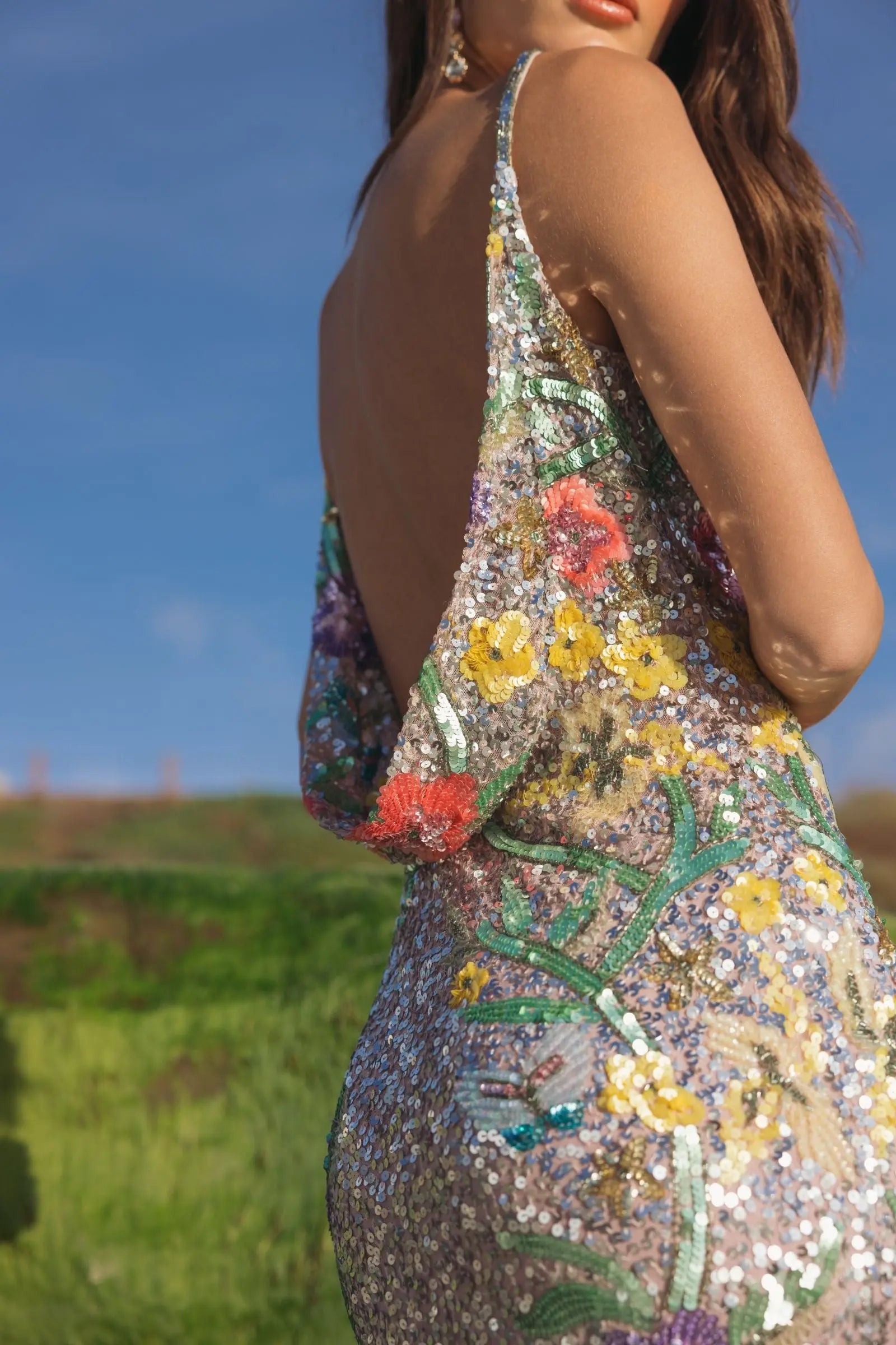 Silver Embellished Sleeveless Cowl Back Gown-Myartka