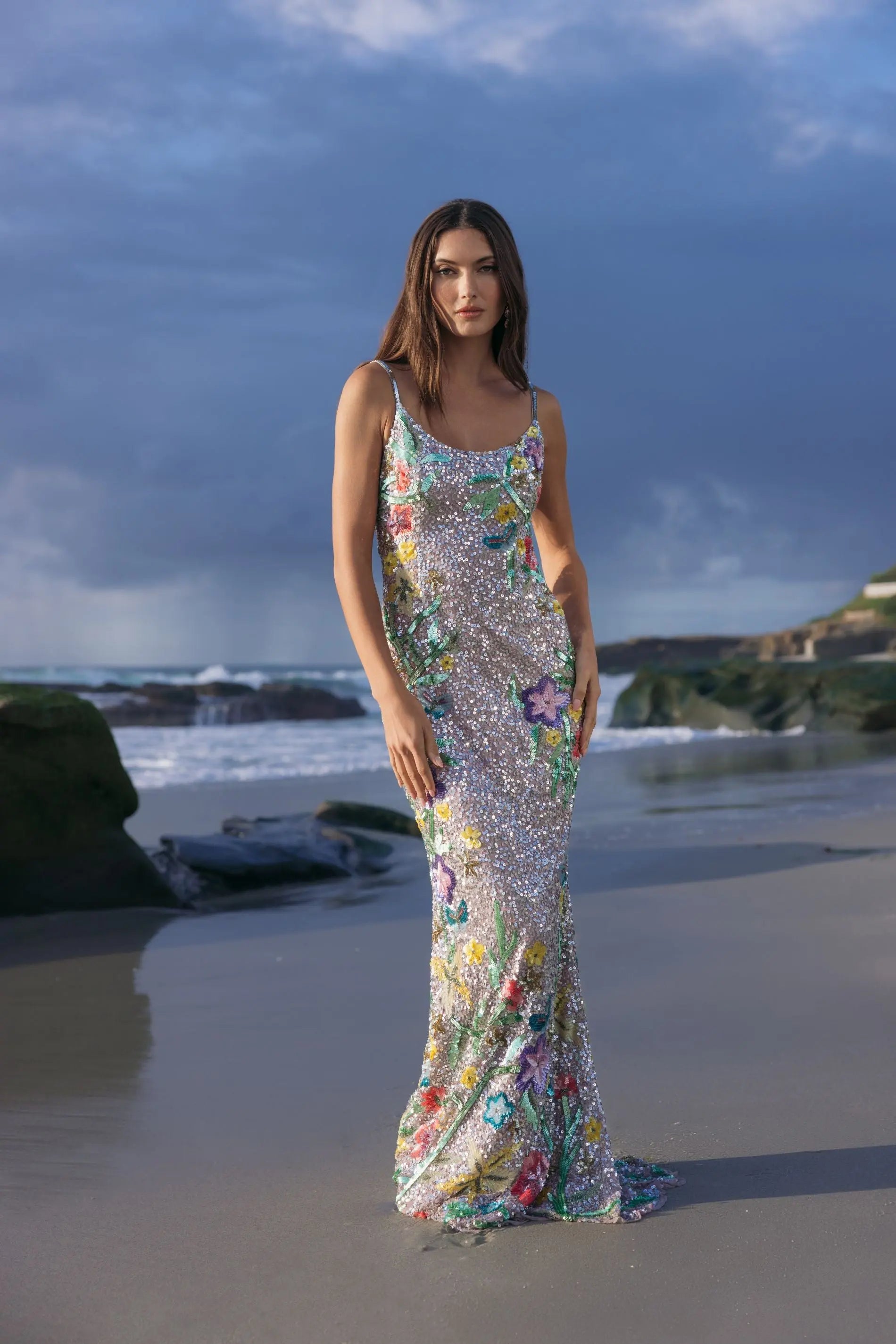 Silver Embellished Sleeveless Cowl Back Gown-Myartka