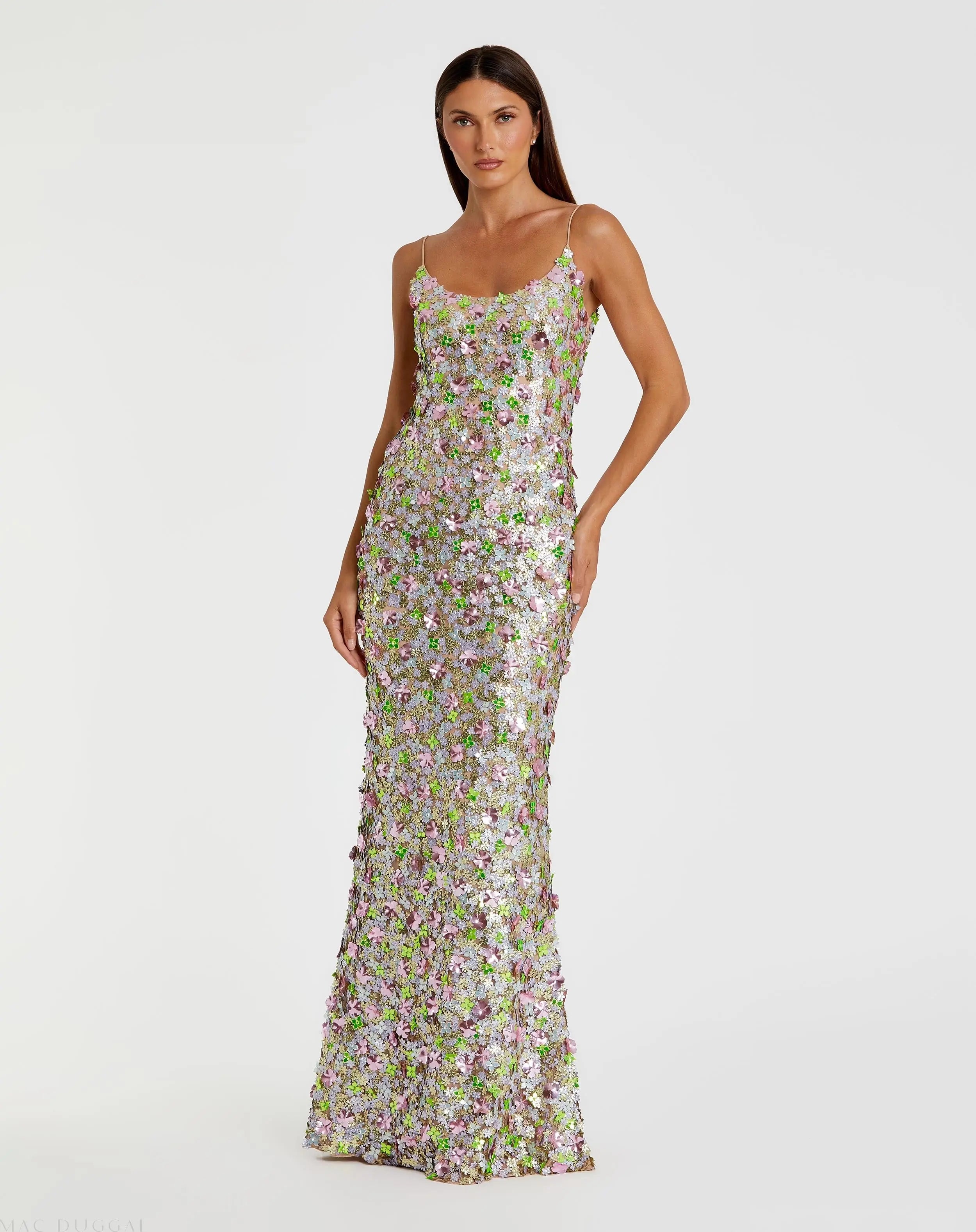 Multicolor Sleeveless Floral Paillette Embellished Mesh Gown-Myartka