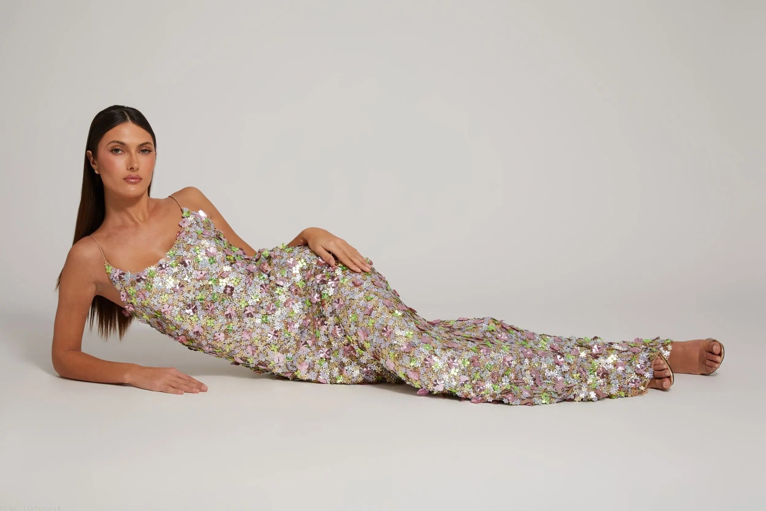 Multicolor Sleeveless Floral Paillette Embellished Mesh Gown-Myartka