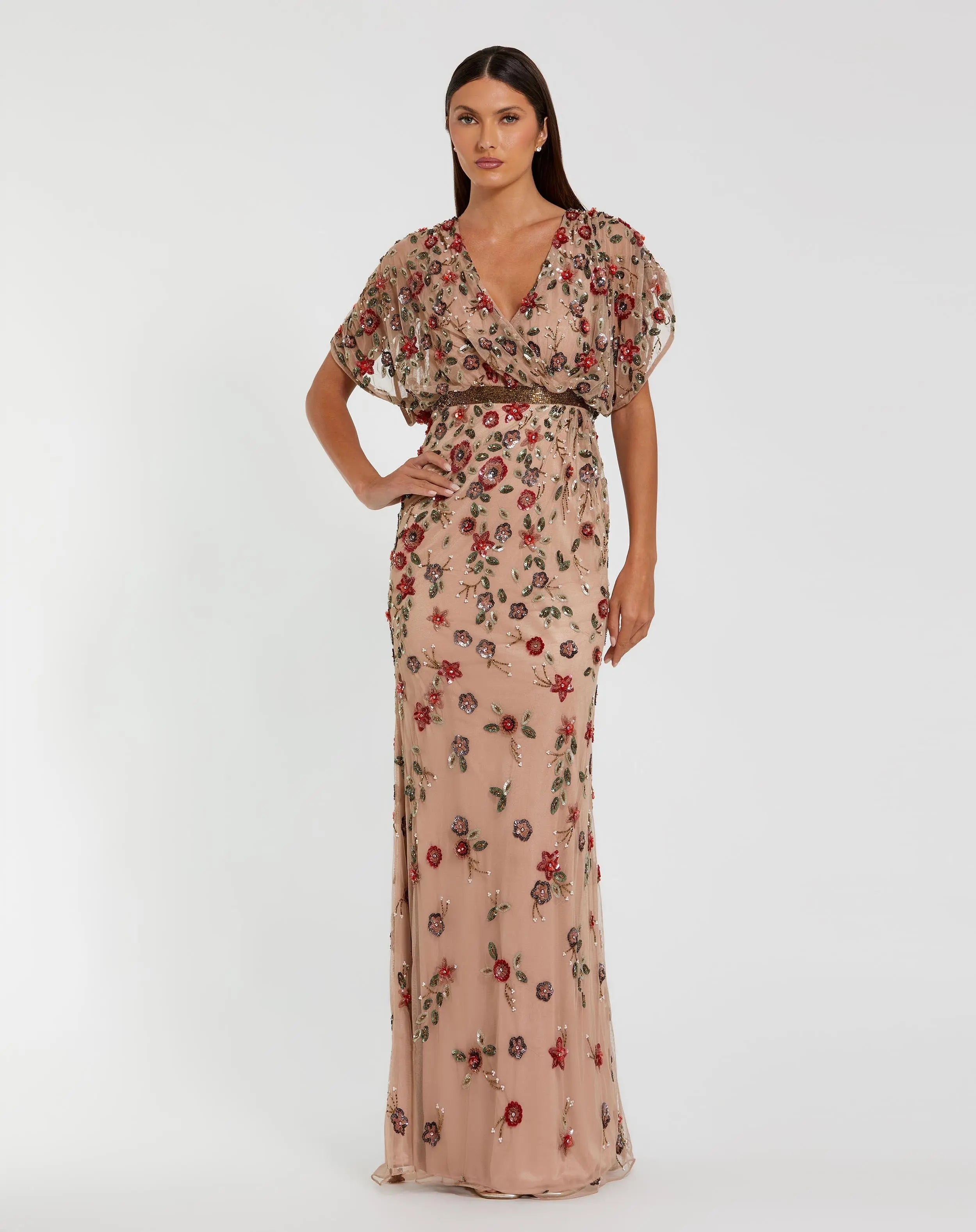 Beige Floral Embellished Short Sleeve Blouson Gown-Myartka