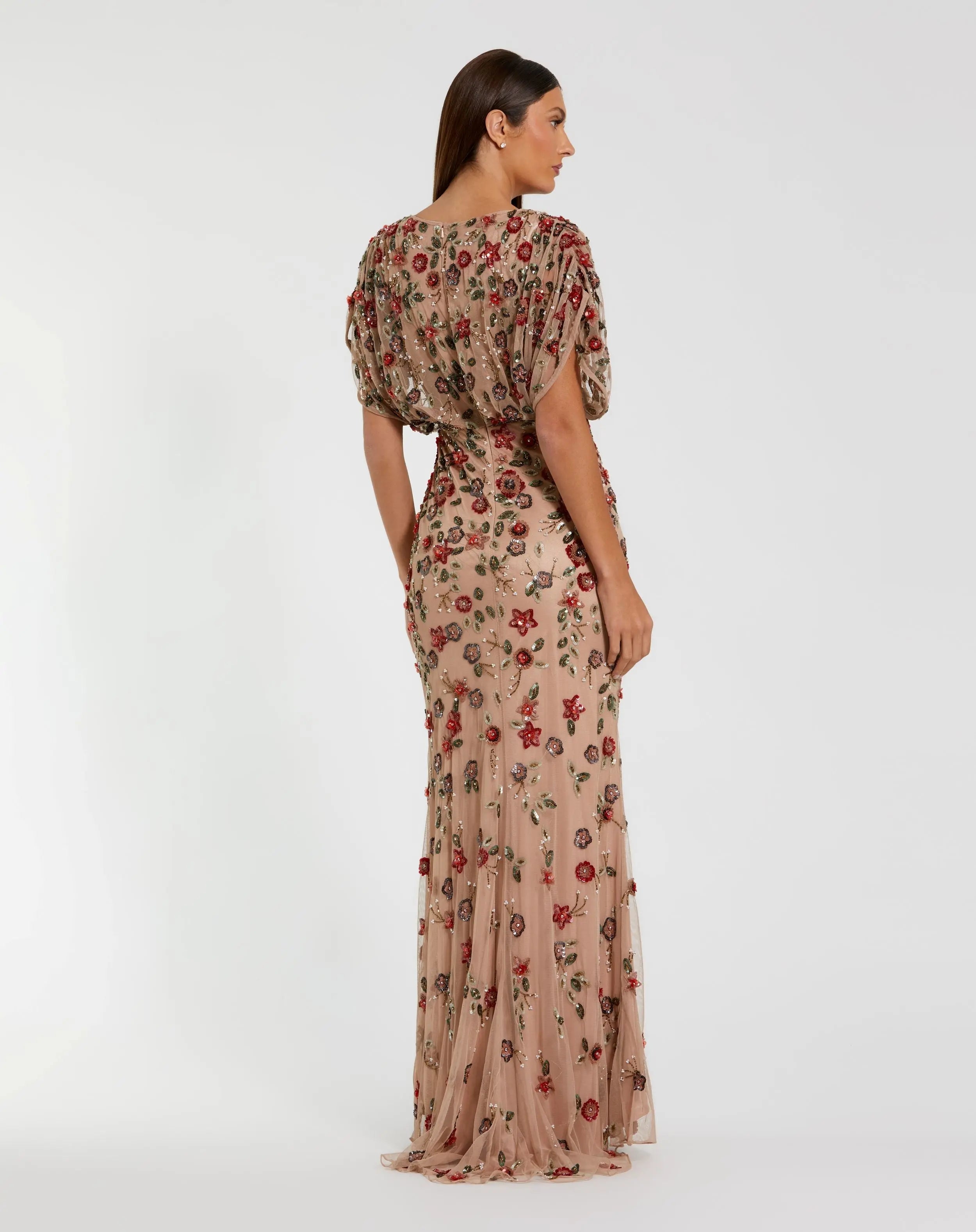 Beige Floral Embellished Short Sleeve Blouson Gown-Myartka
