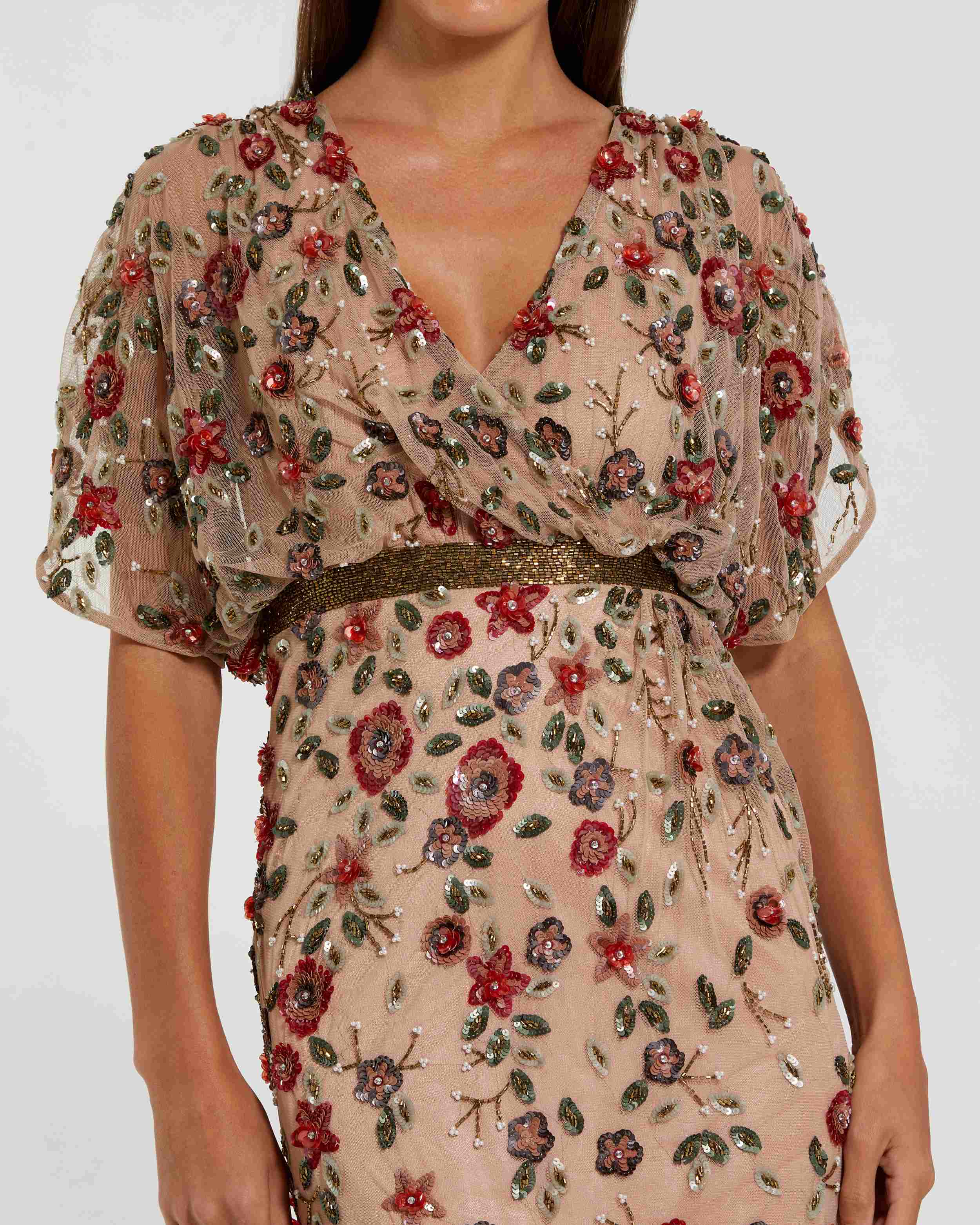 Beige Floral Embellished Short Sleeve Blouson Gown-Myartka