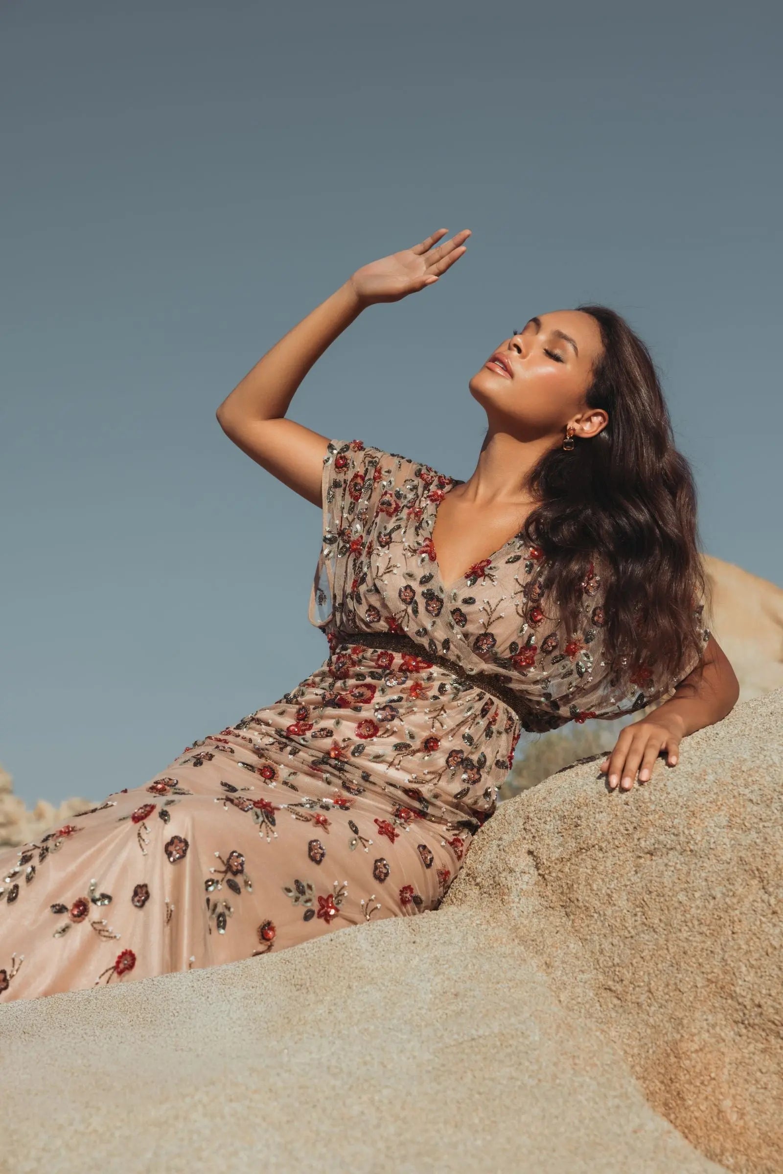 Beige Floral Embellished Short Sleeve Blouson Gown-Myartka