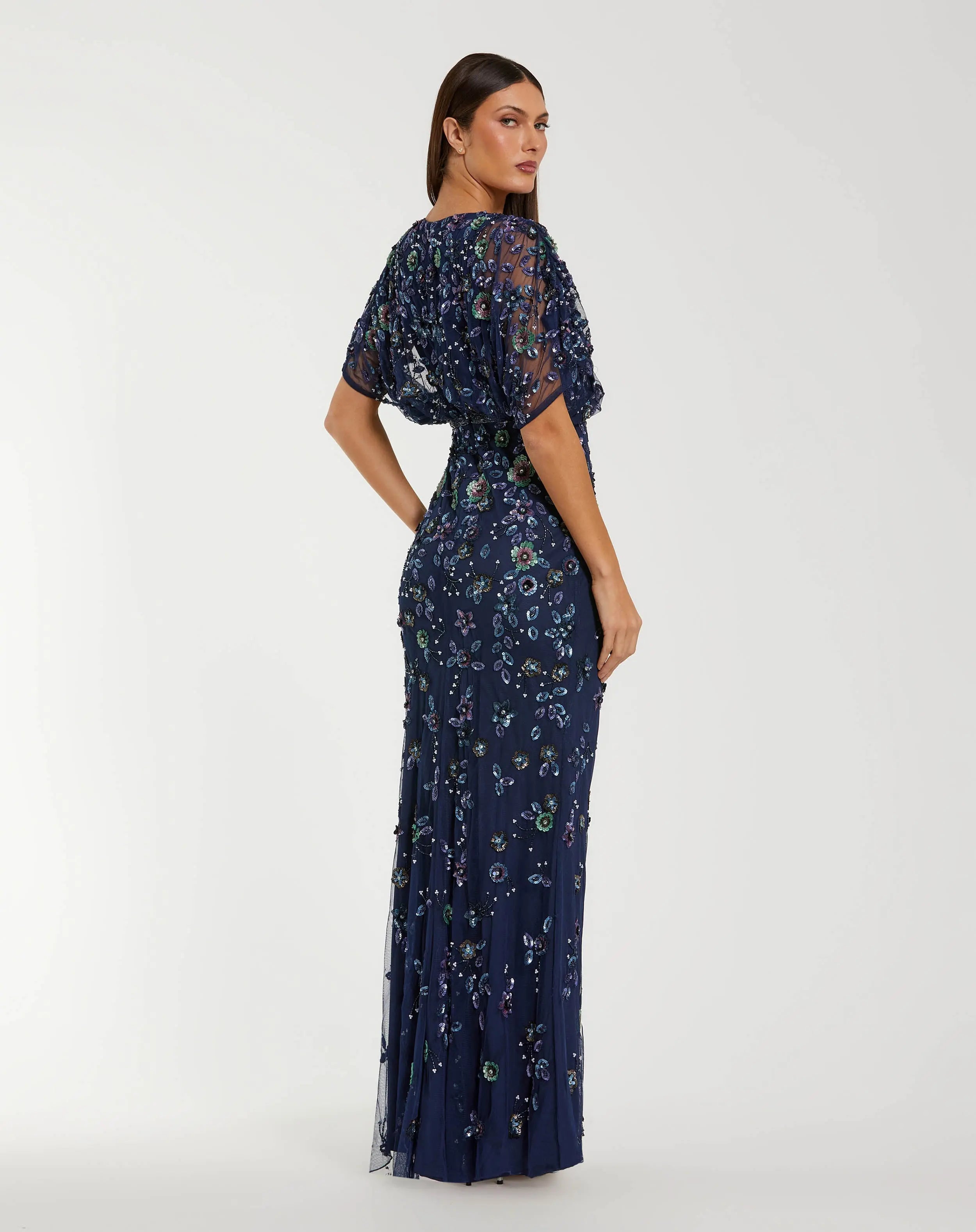 Navy Floral Embellished Short Sleeve Blouson Gown-Myartka