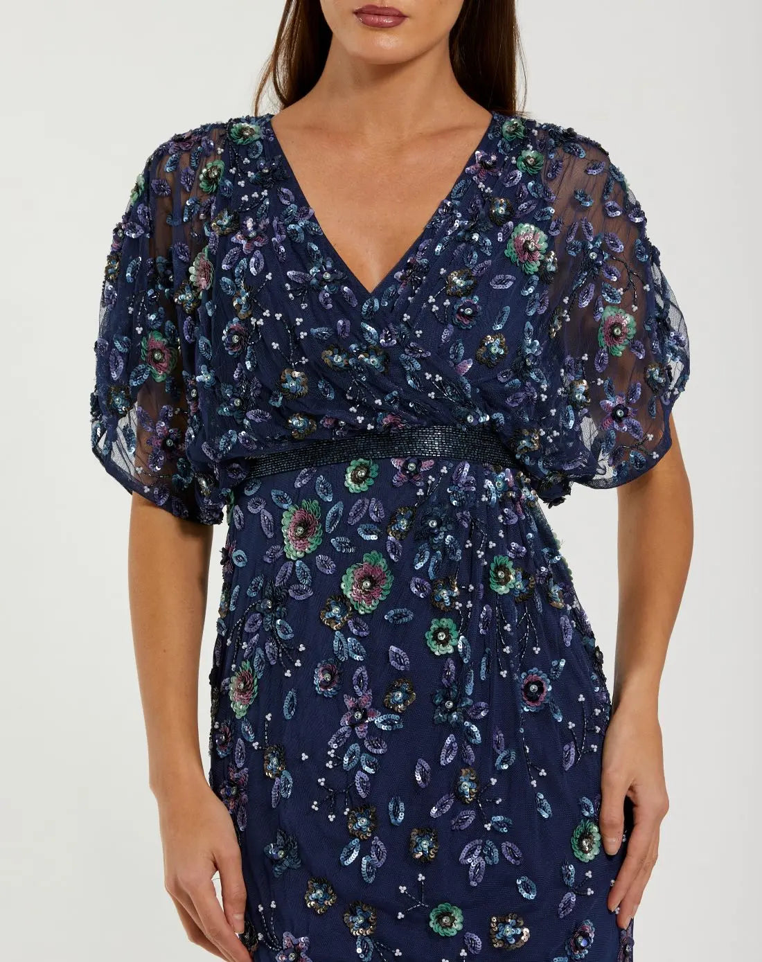Navy Floral Embellished Short Sleeve Blouson Gown-Myartka