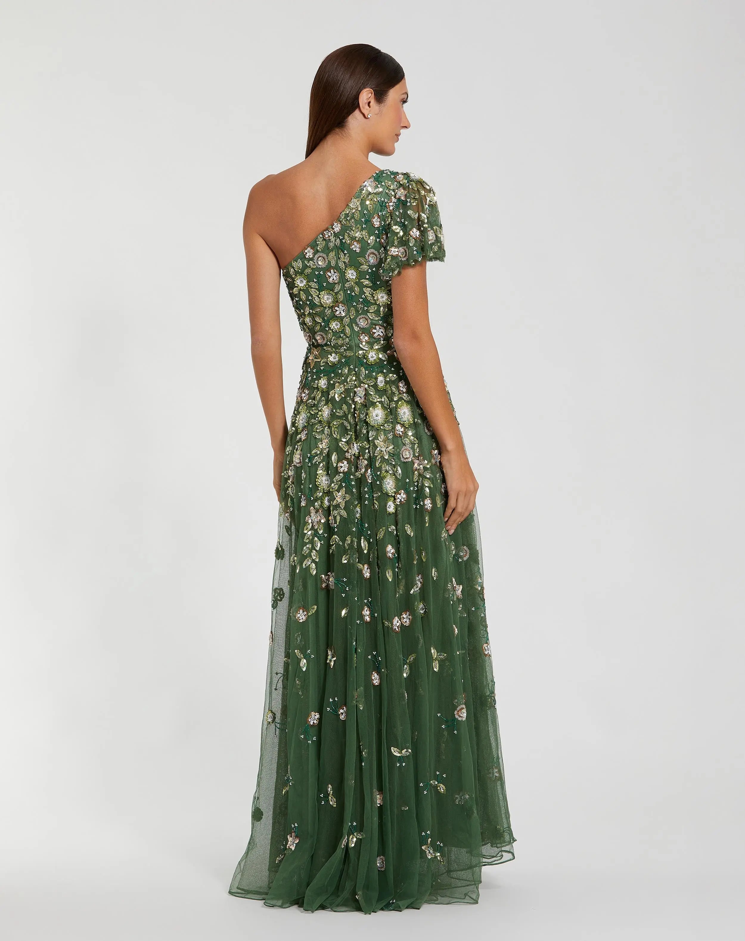 Green One Shoulder Embellished A Line Gown-Myartka