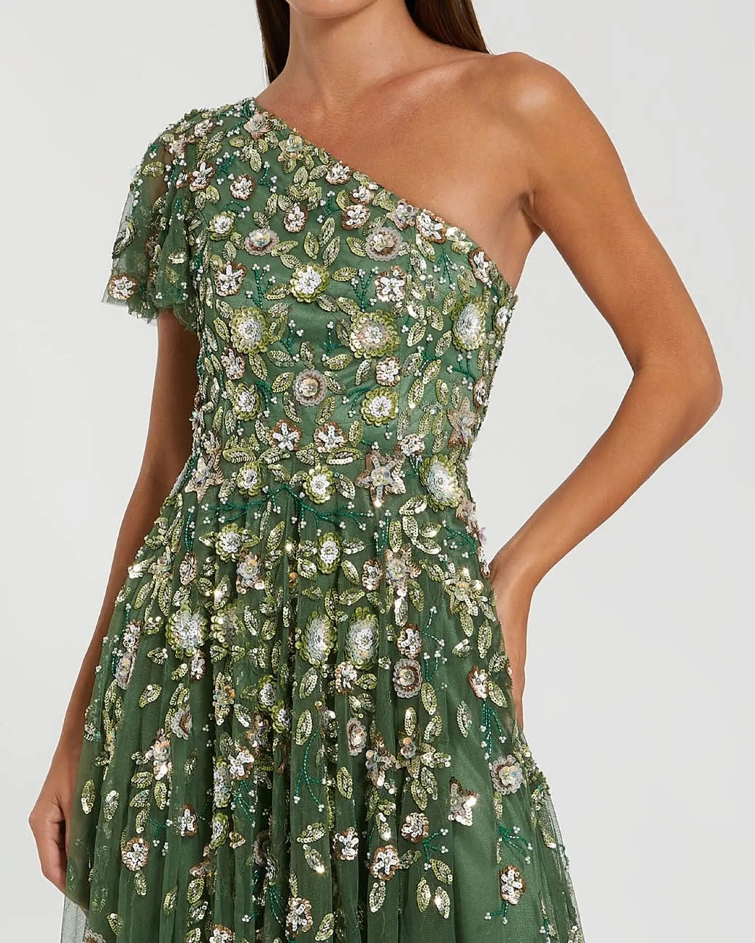 Green One Shoulder Embellished A Line Gown-Myartka