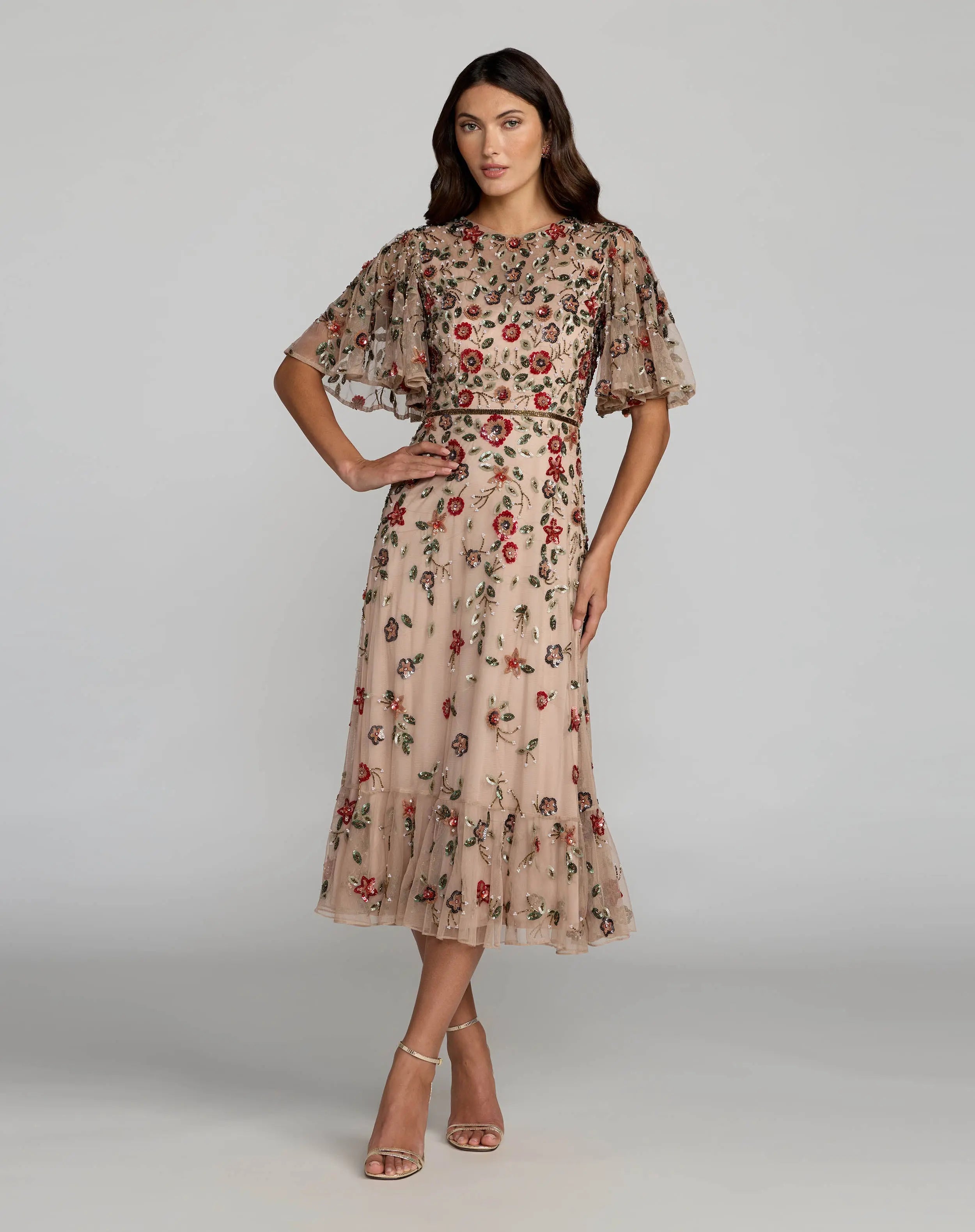 Beige Floral Embellished Flutter Sleeve Midi Dress-Myartka