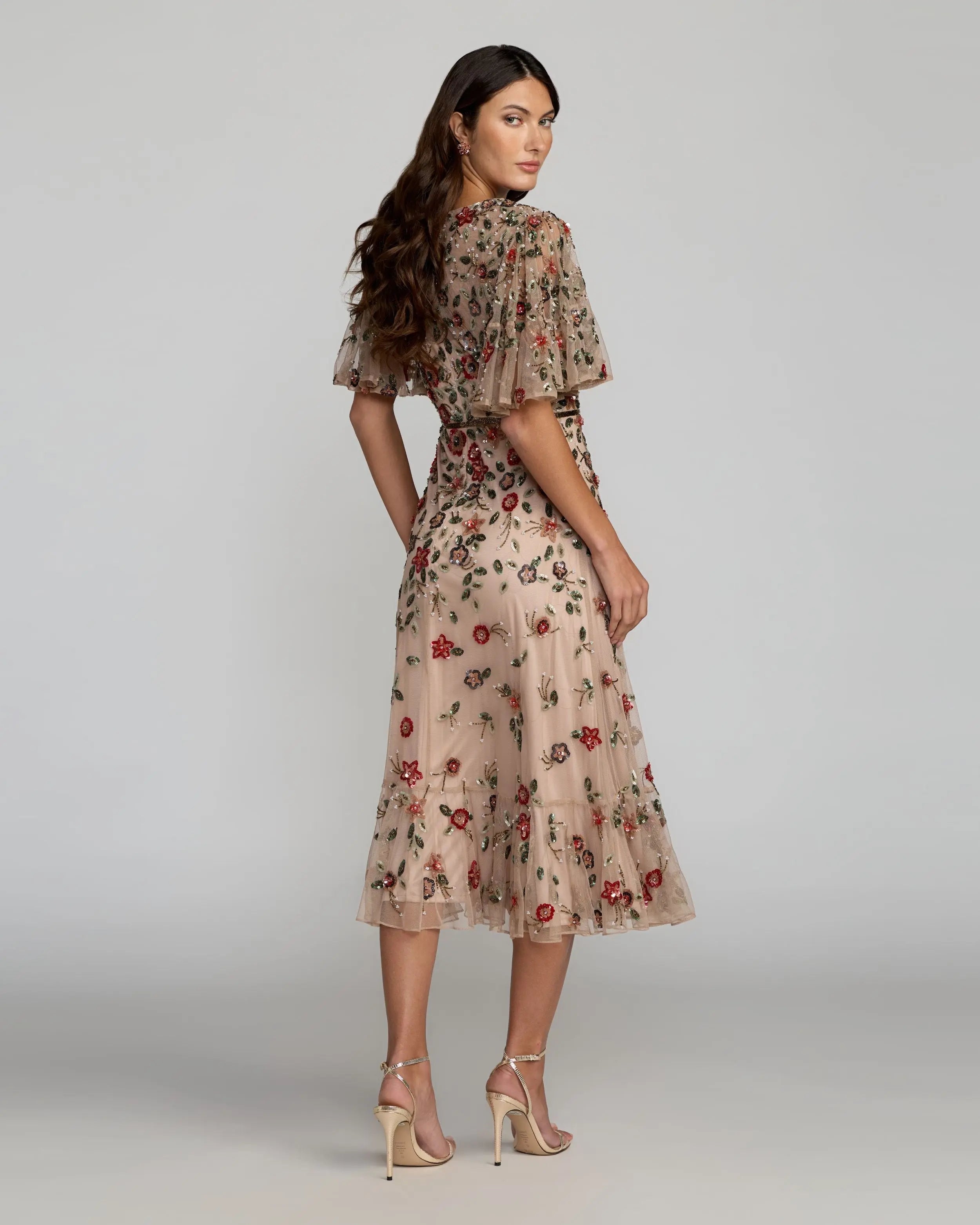 Beige Floral Embellished Flutter Sleeve Midi Dress-Myartka