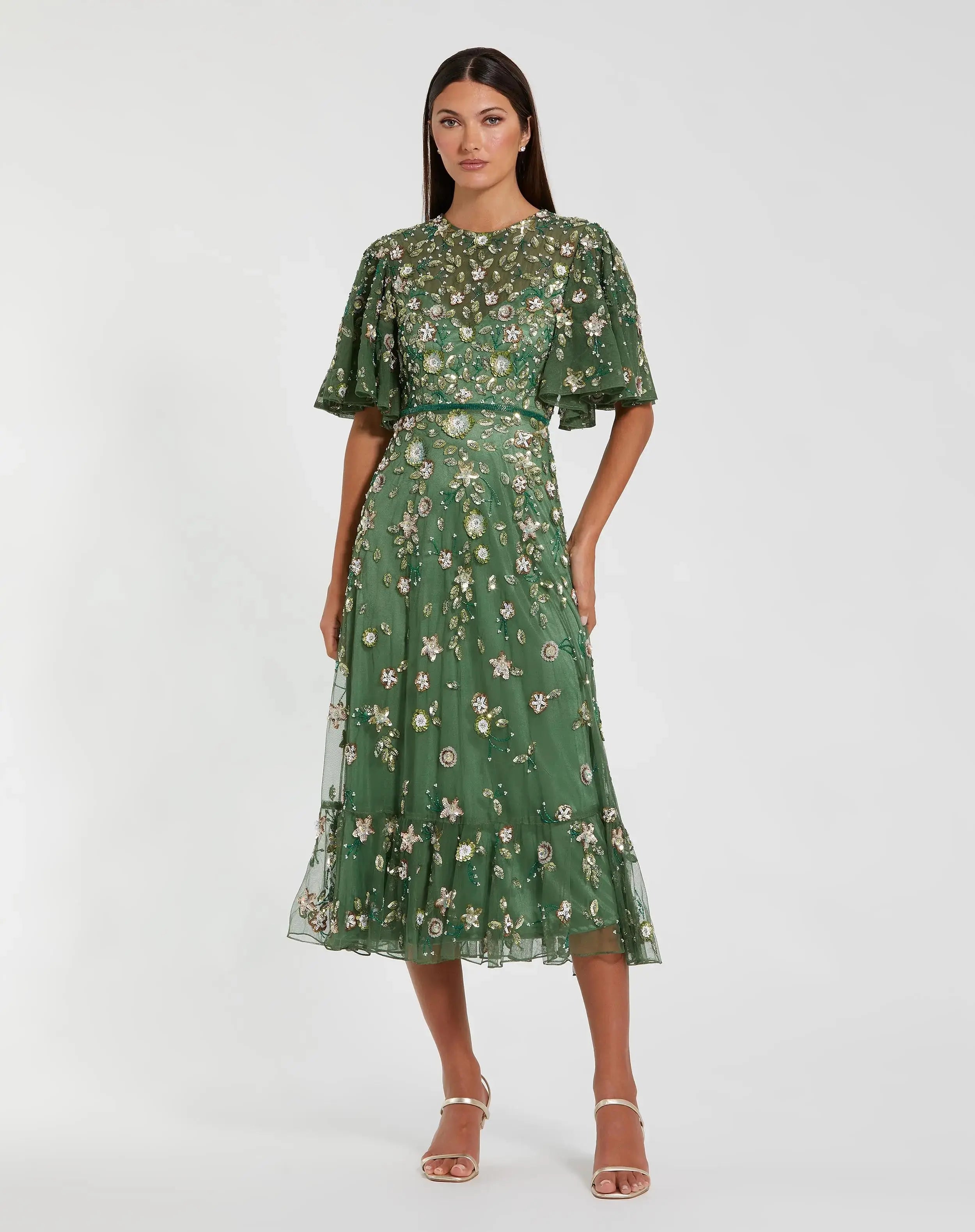 Green Floral Embellished Flutter Sleeve Midi Dress-Myartka
