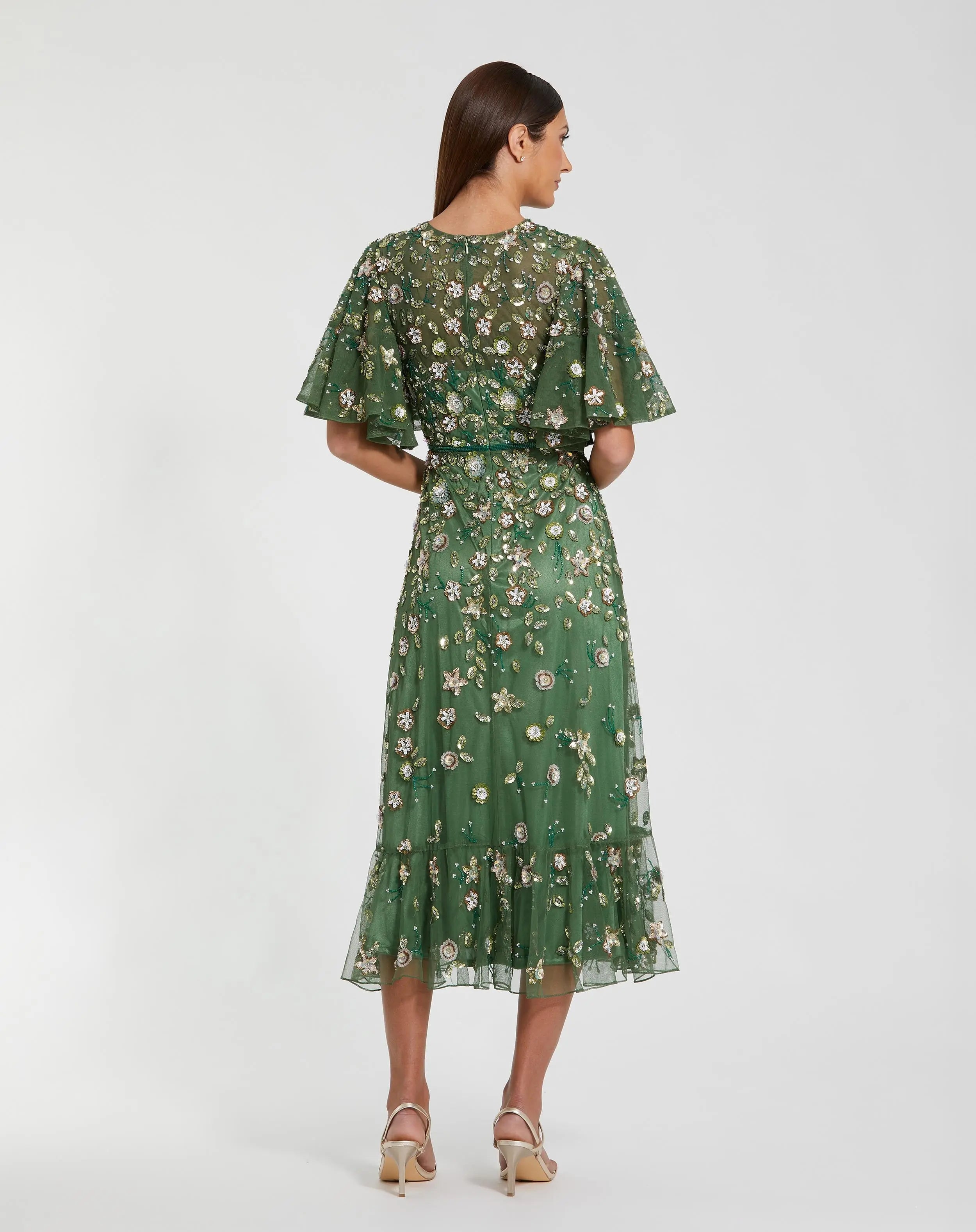 Green Floral Embellished Flutter Sleeve Midi Dress-Myartka