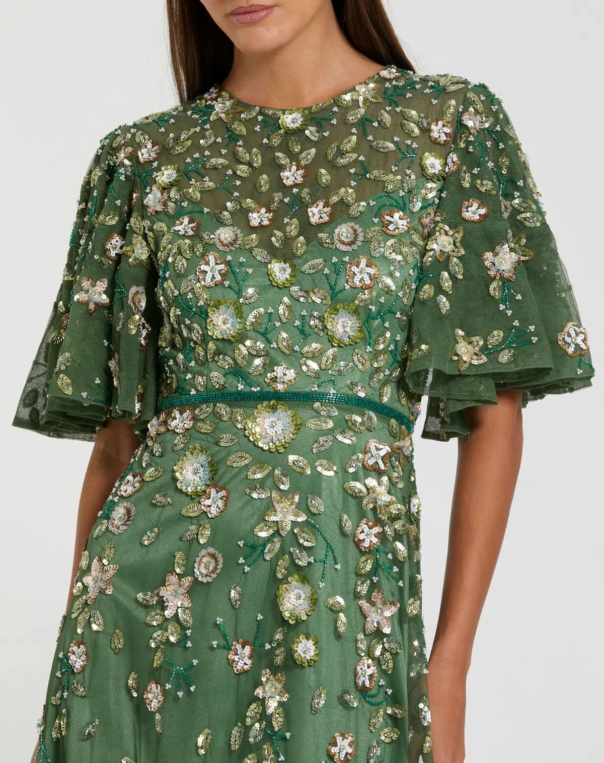 Green Floral Embellished Flutter Sleeve Midi Dress-Myartka