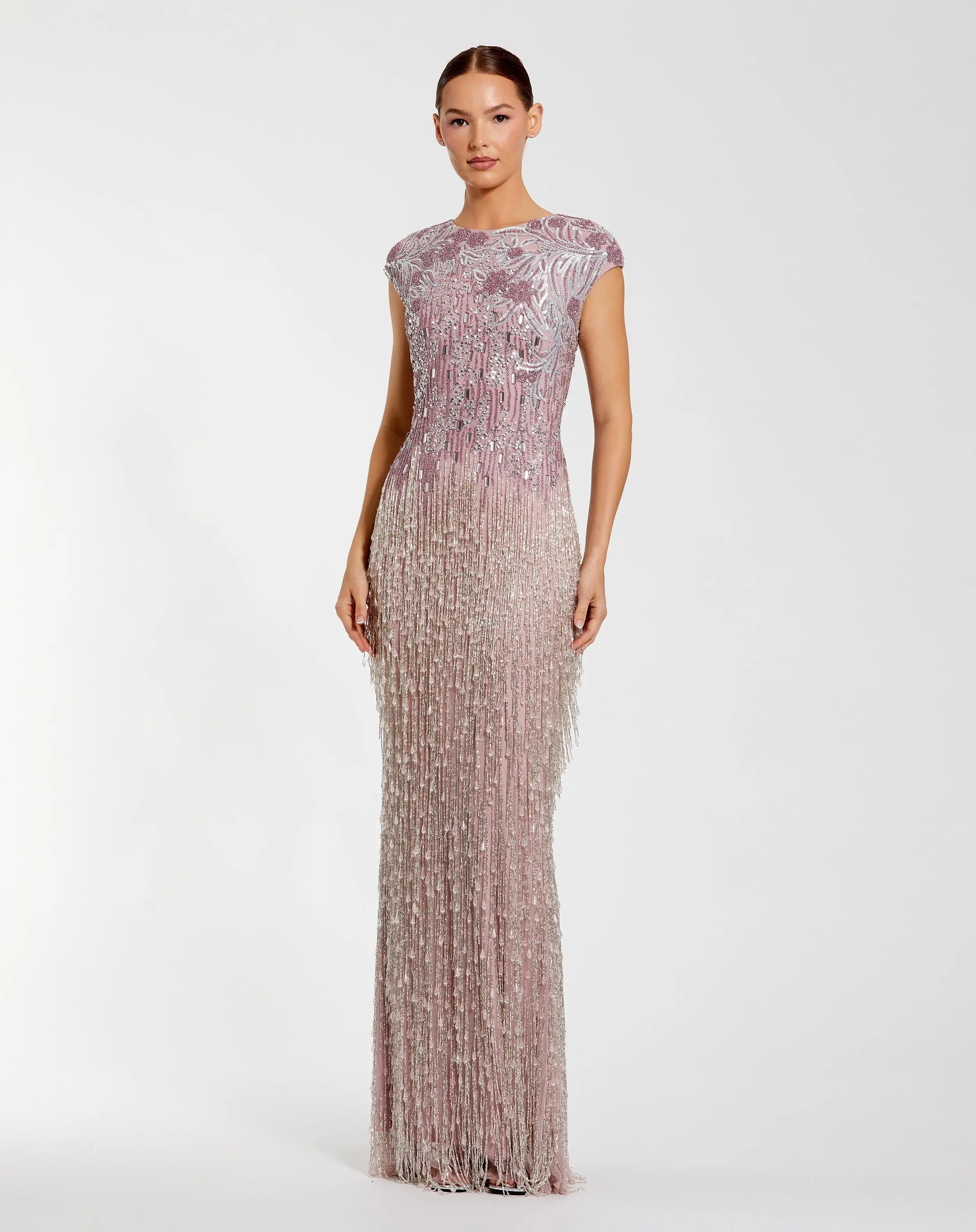 Purple Embellished Cap Sleeve Gown With Fringe Beading-Myartka