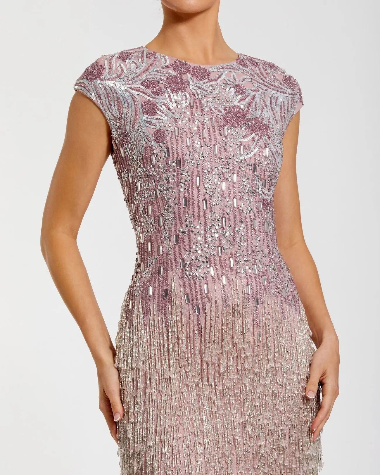 Purple Embellished Cap Sleeve Gown With Fringe Beading-Myartka