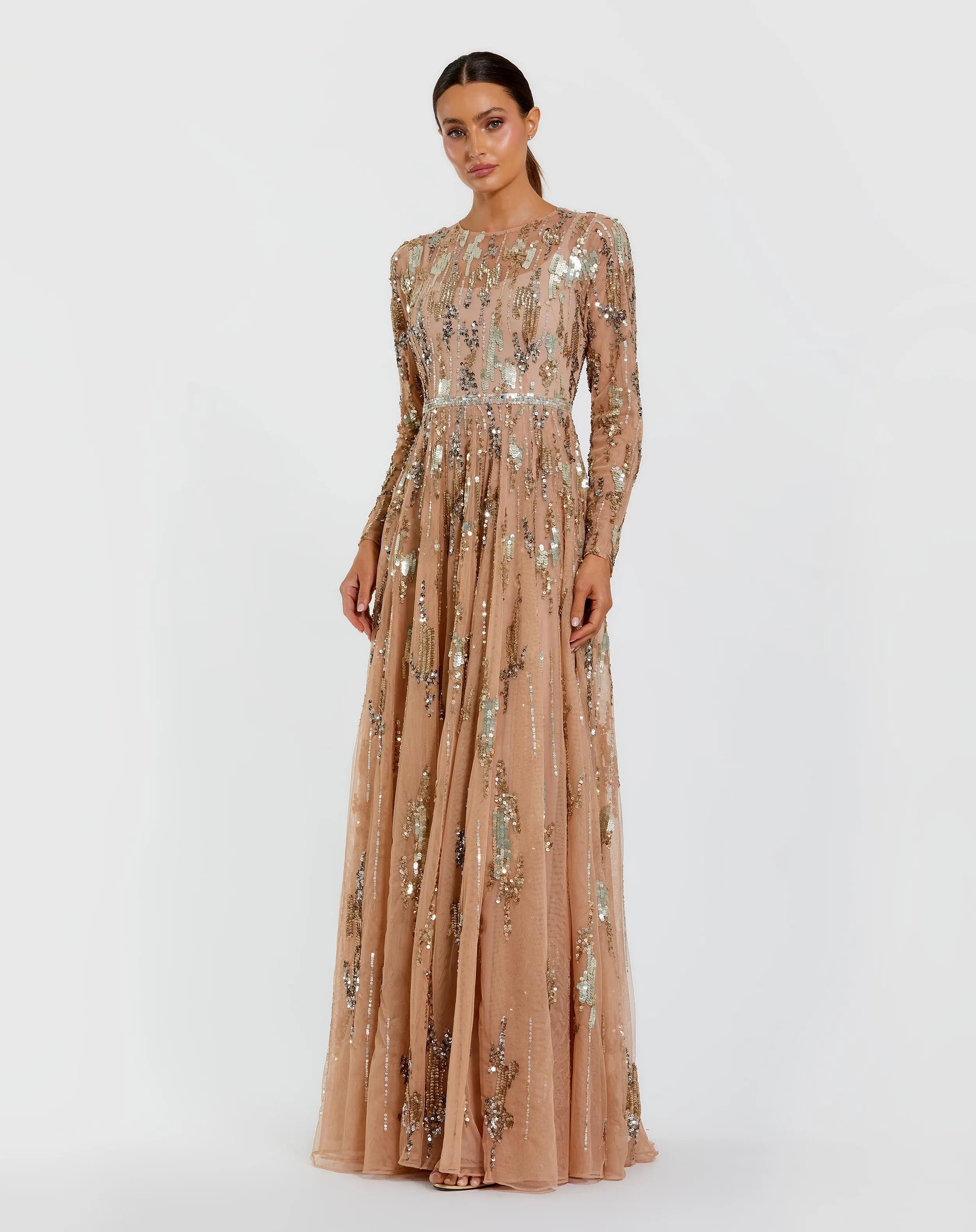 Beige Long Sleeve Sequin Embellished Gown-Myartka