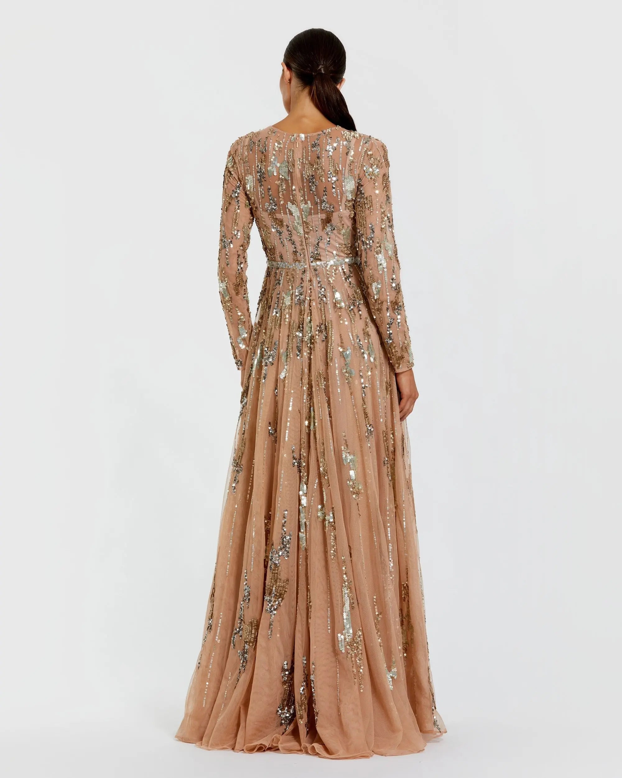 Beige Long Sleeve Sequin Embellished Gown-Myartka