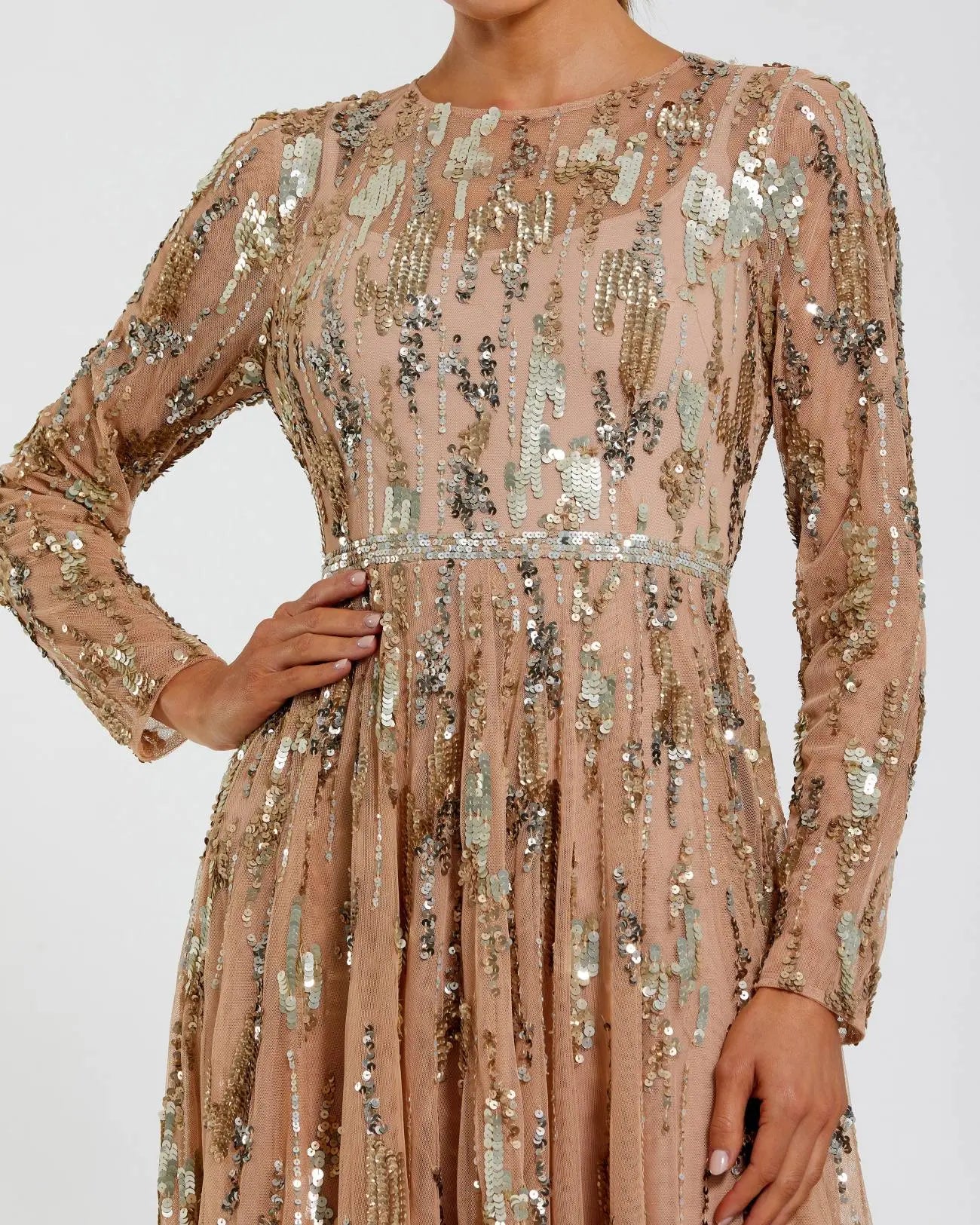 Beige Long Sleeve Sequin Embellished Gown-Myartka