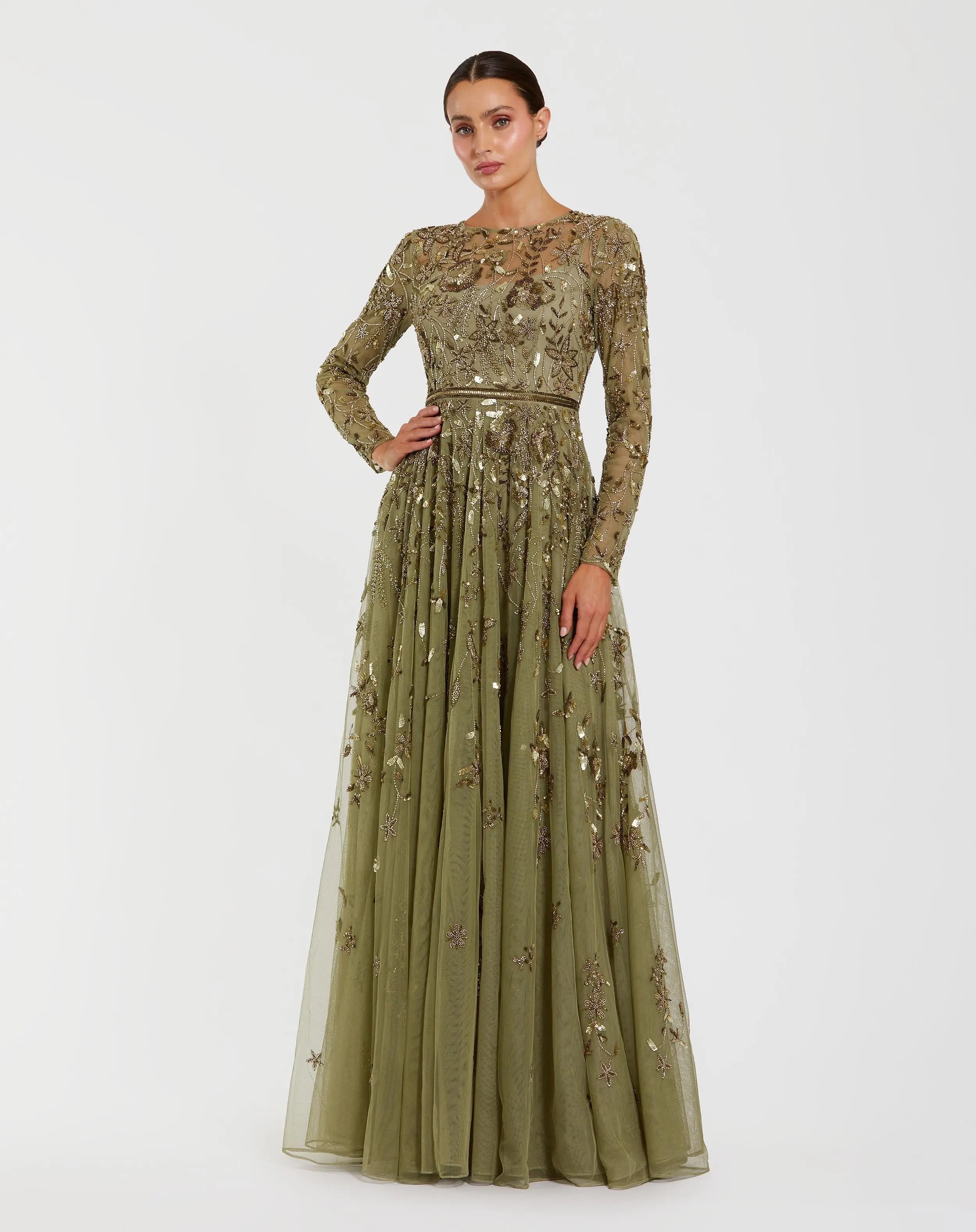 Long Sleeve Hand Embellished Floral A-line Gown-Myartka