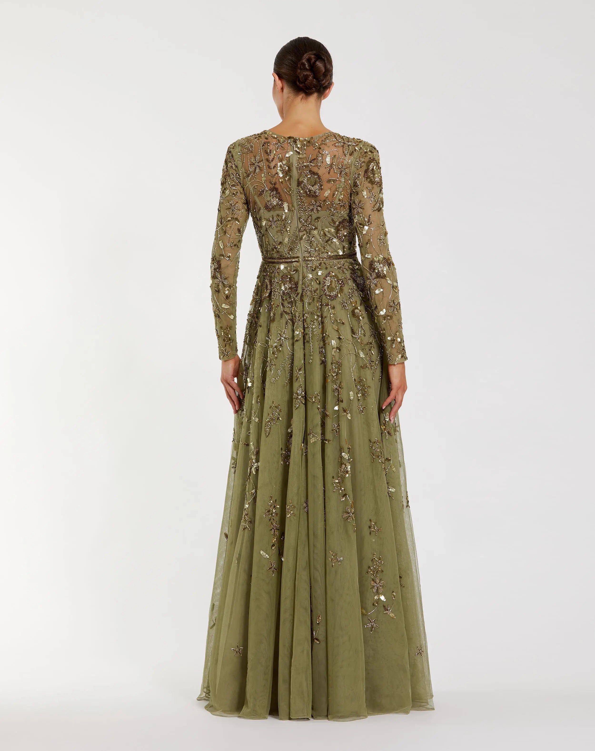 Green Long Sleeve Hand Embellished Floral A-line Gown-Myartka