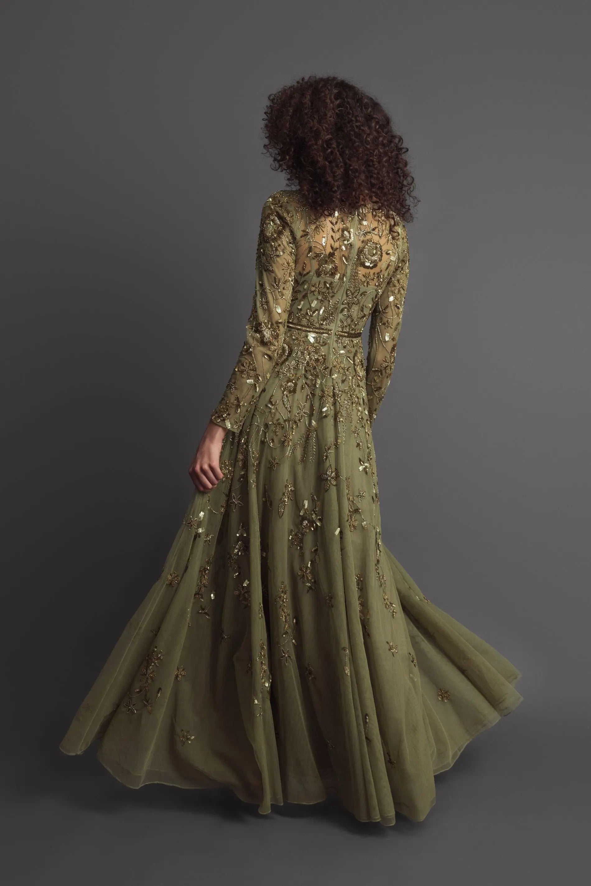 Green Long Sleeve Hand Embellished Floral A-line Gown-Myartka