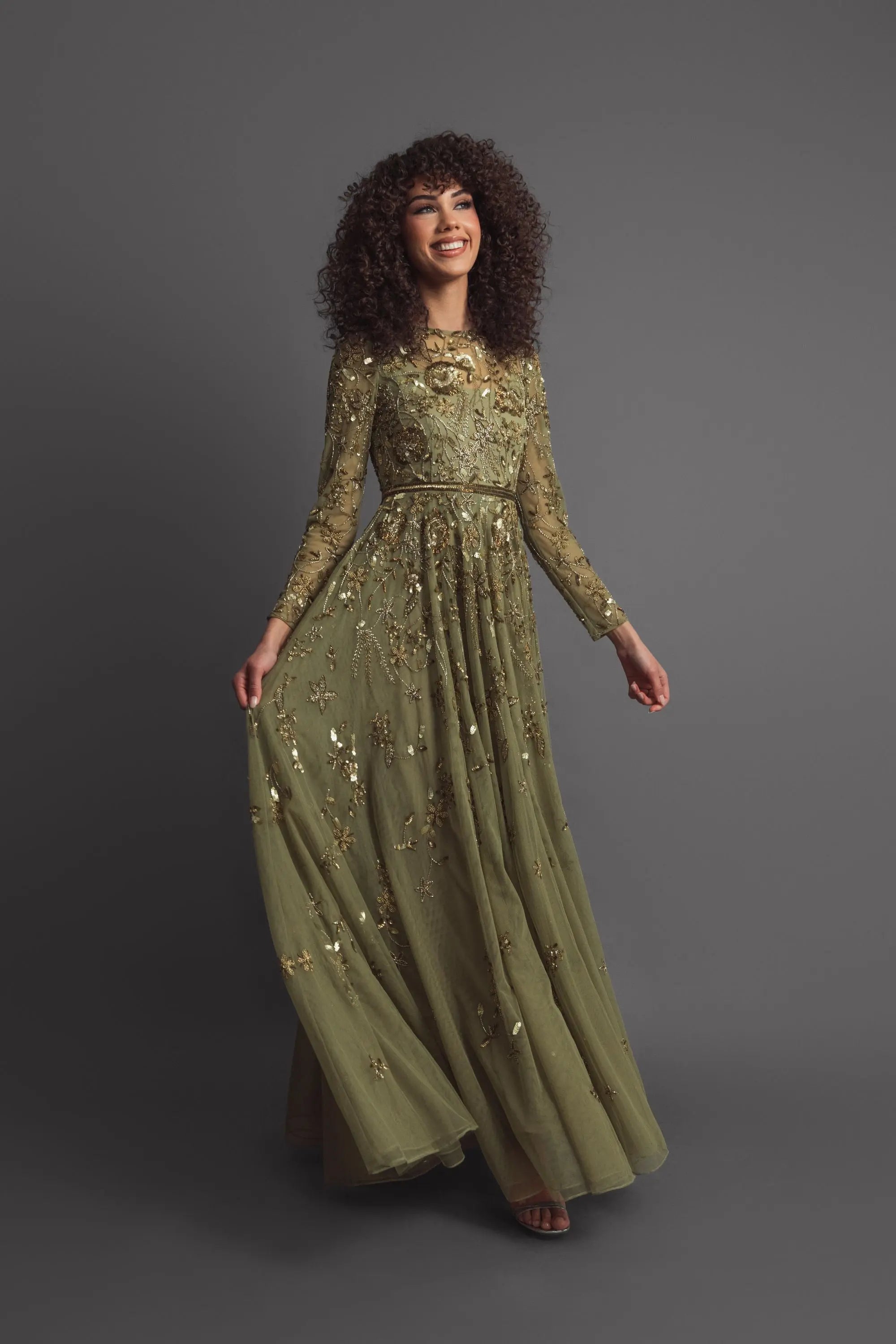 Green Long Sleeve Hand Embellished Floral A-line Gown-Myartka