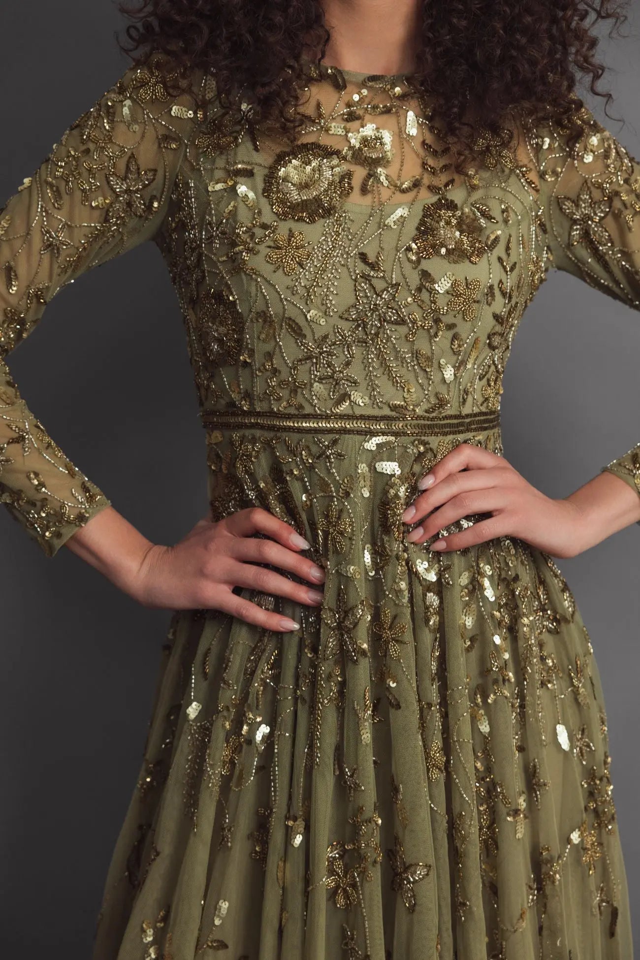 Green Long Sleeve Hand Embellished Floral A-line Gown-Myartka