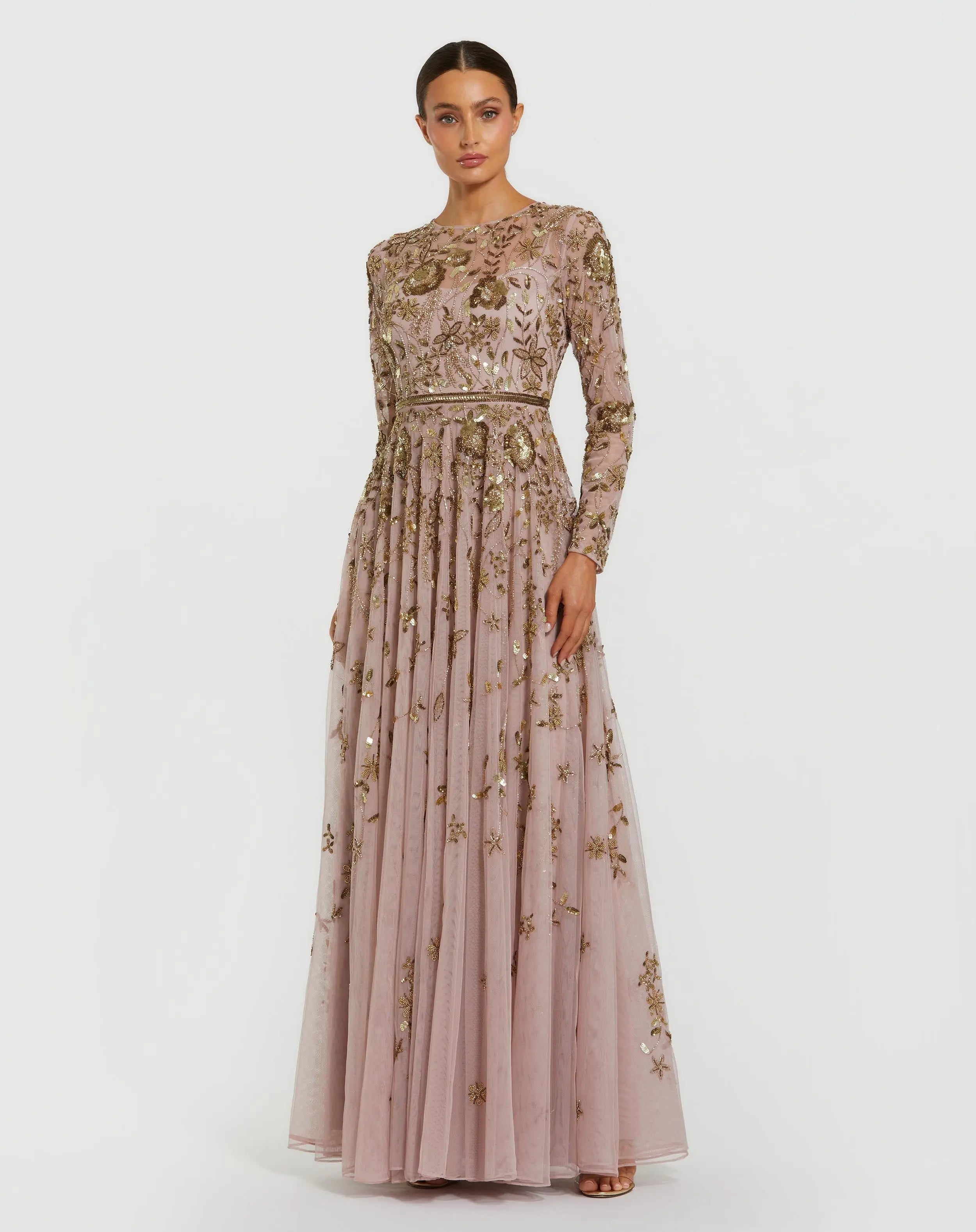Light Purple Long Sleeve Hand Embellished Floral A-line Gown-Myartka
