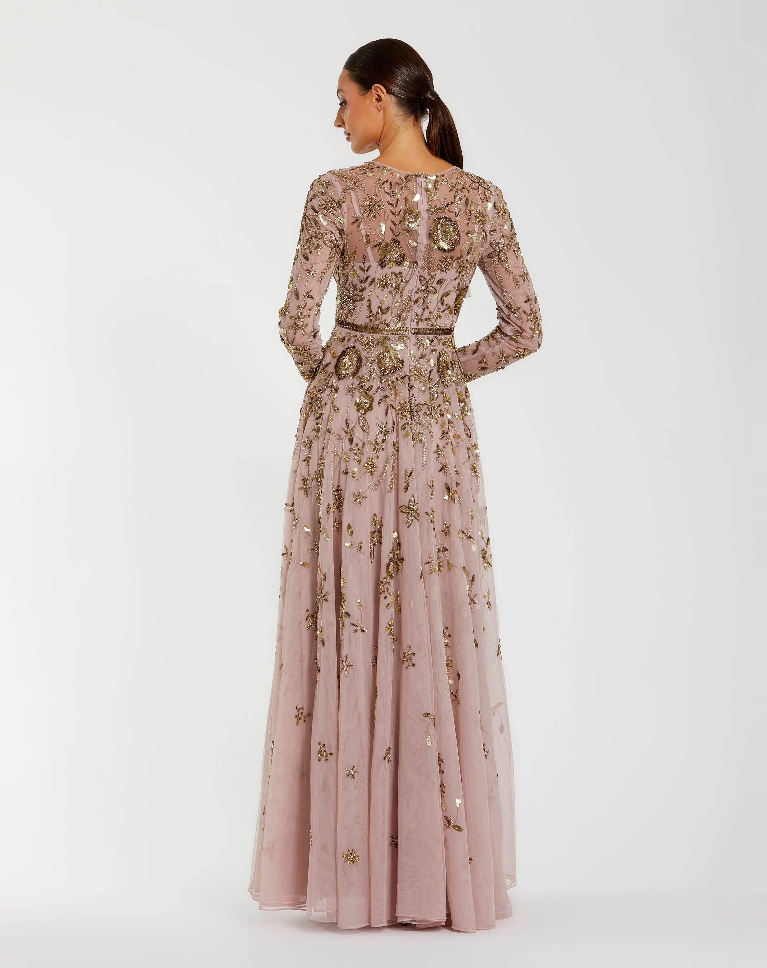 Light Purple Long Sleeve Hand Embellished Floral A-line Gown-Myartka