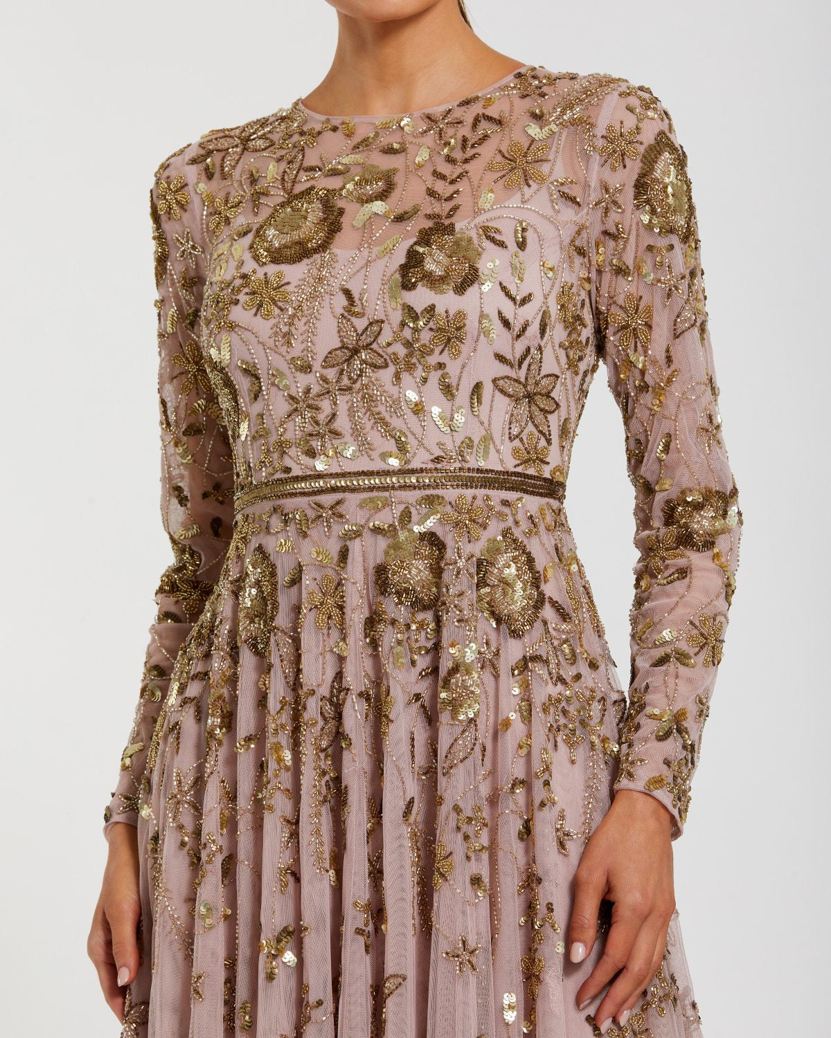Light Purple Long Sleeve Hand Embellished Floral A-line Gown-Myartka