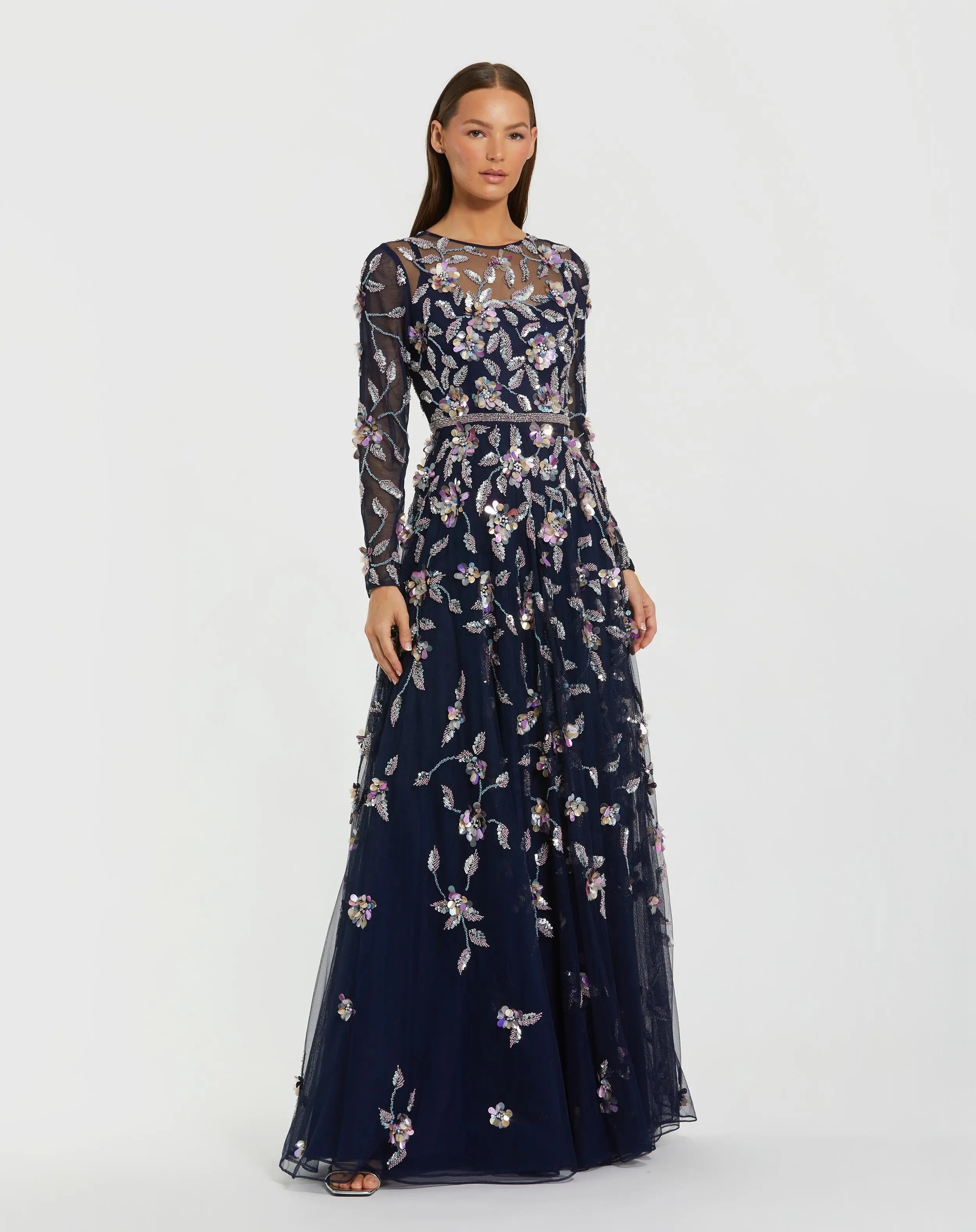 Navy Long Sleeve Floral Embellished Evening Gown-Myartka