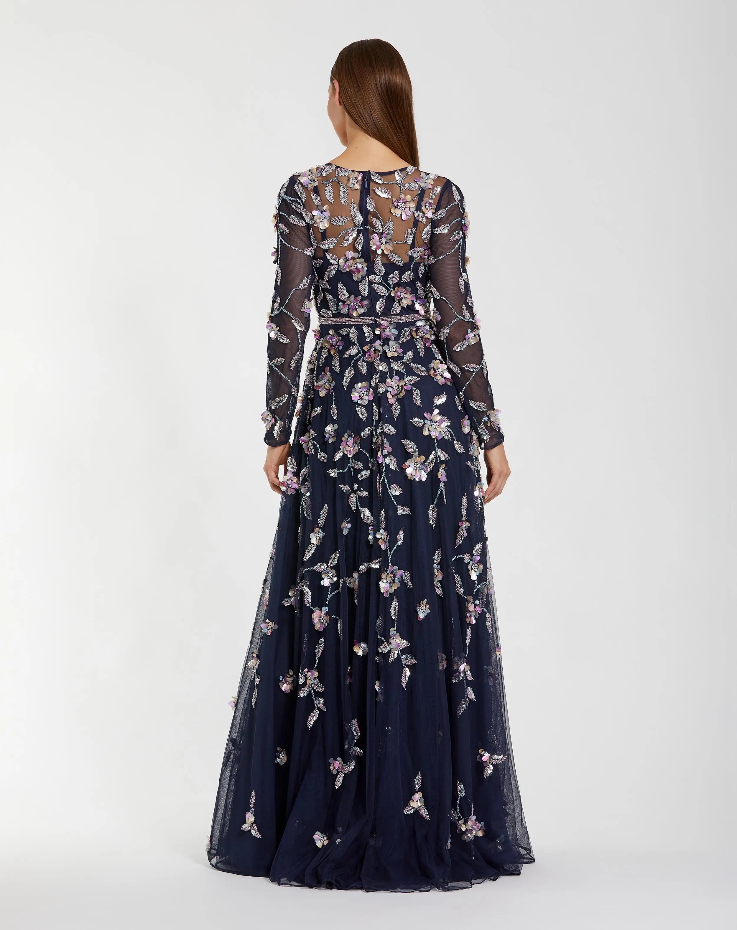 Navy Long Sleeve Floral Embellished Evening Gown-Myartka