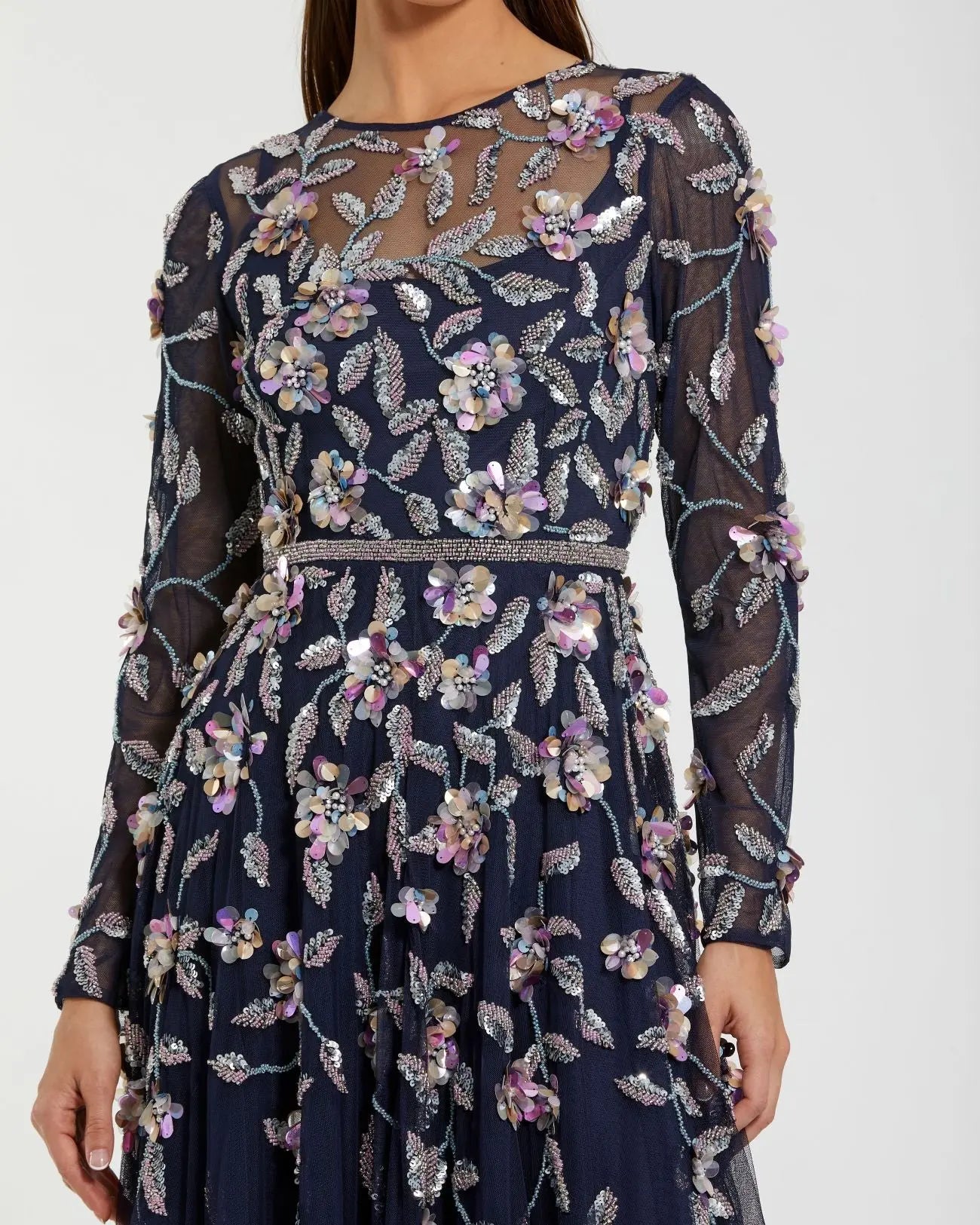 Navy Long Sleeve Floral Embellished Evening Gown-Myartka