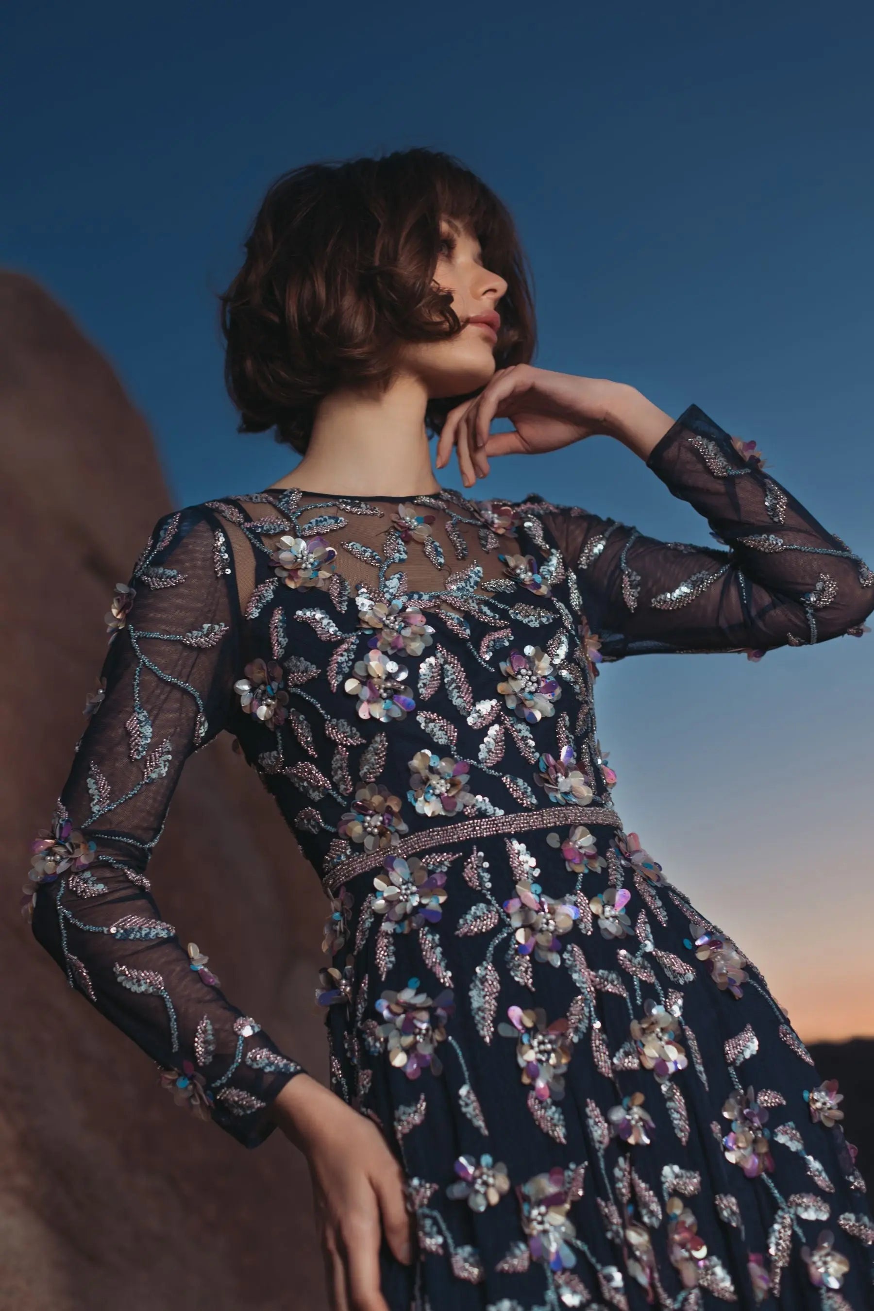 Navy Long Sleeve Floral Embellished Evening Gown-Myartka