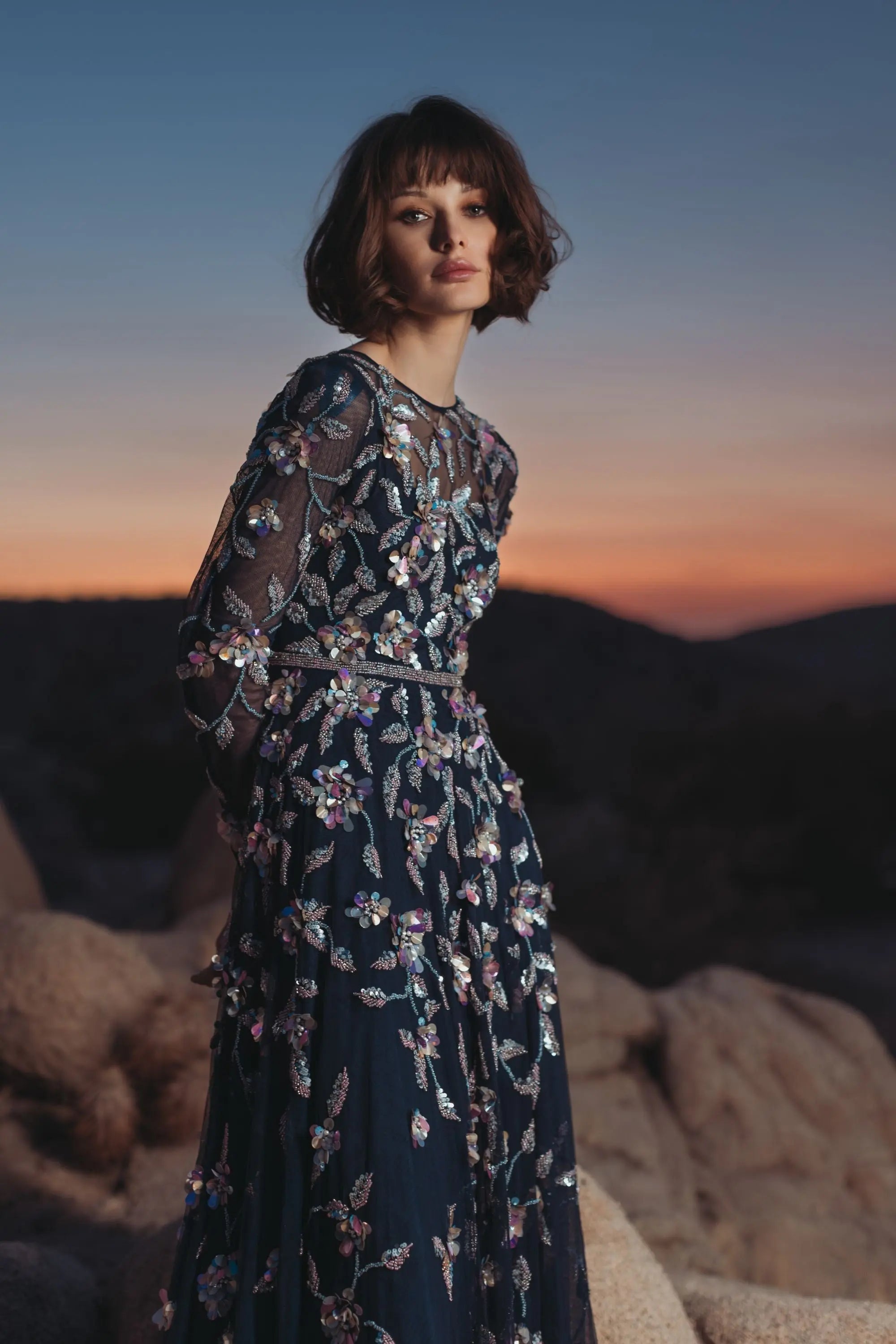 Navy Long Sleeve Floral Embellished Evening Gown-Myartka