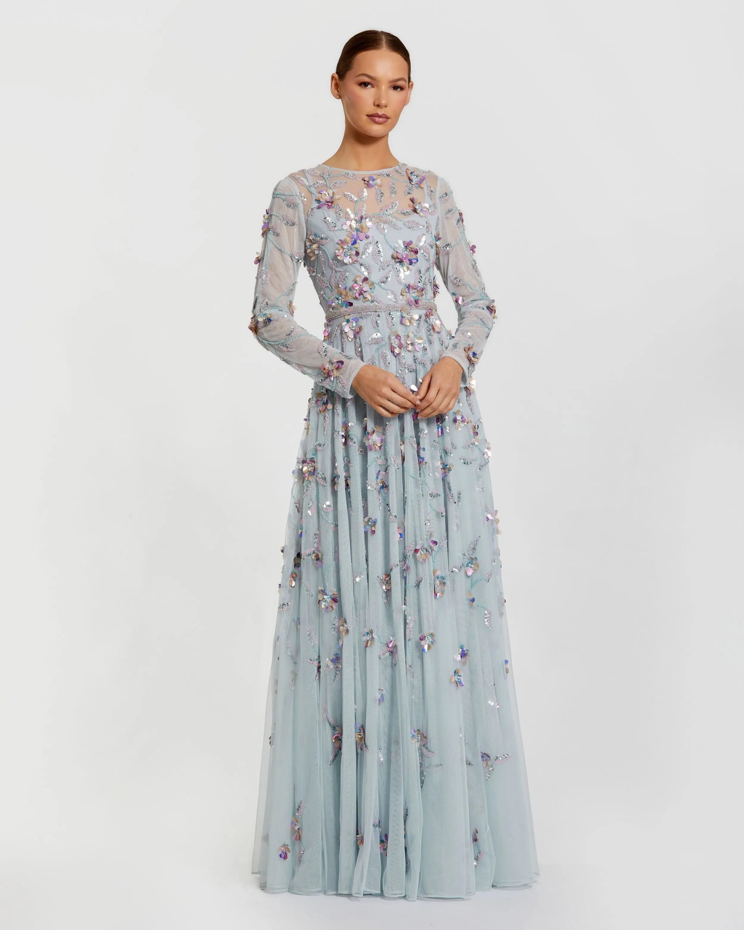 Light Blue Long Sleeve Floral Embellished Evening Gown-Myartka