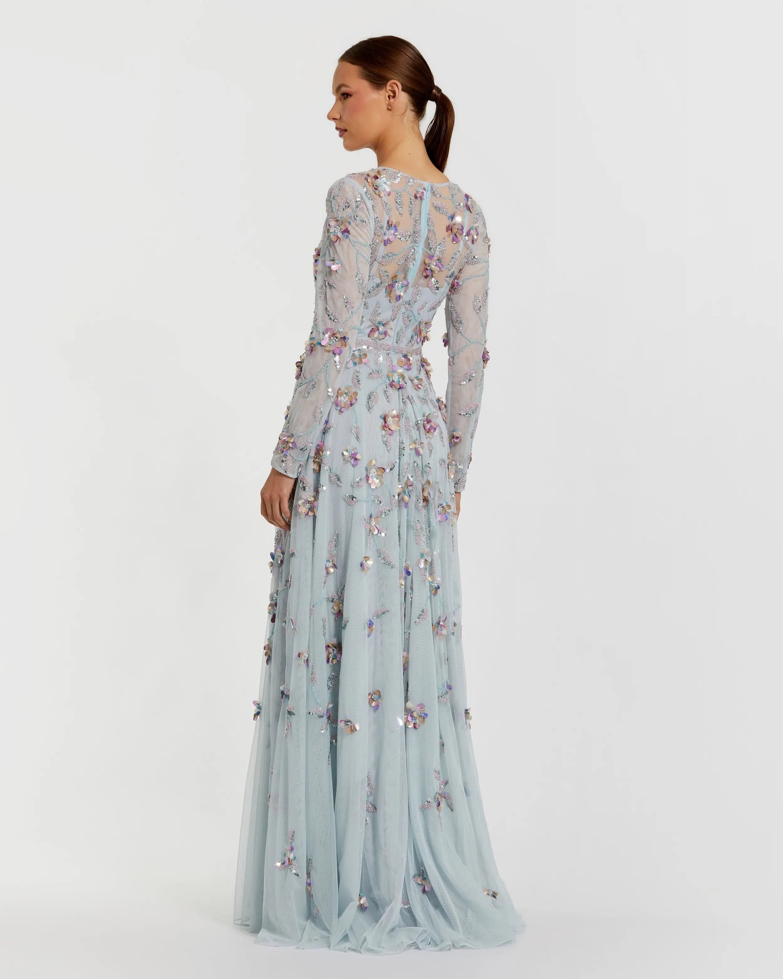 Light Blue Long Sleeve Floral Embellished Evening Gown-Myartka