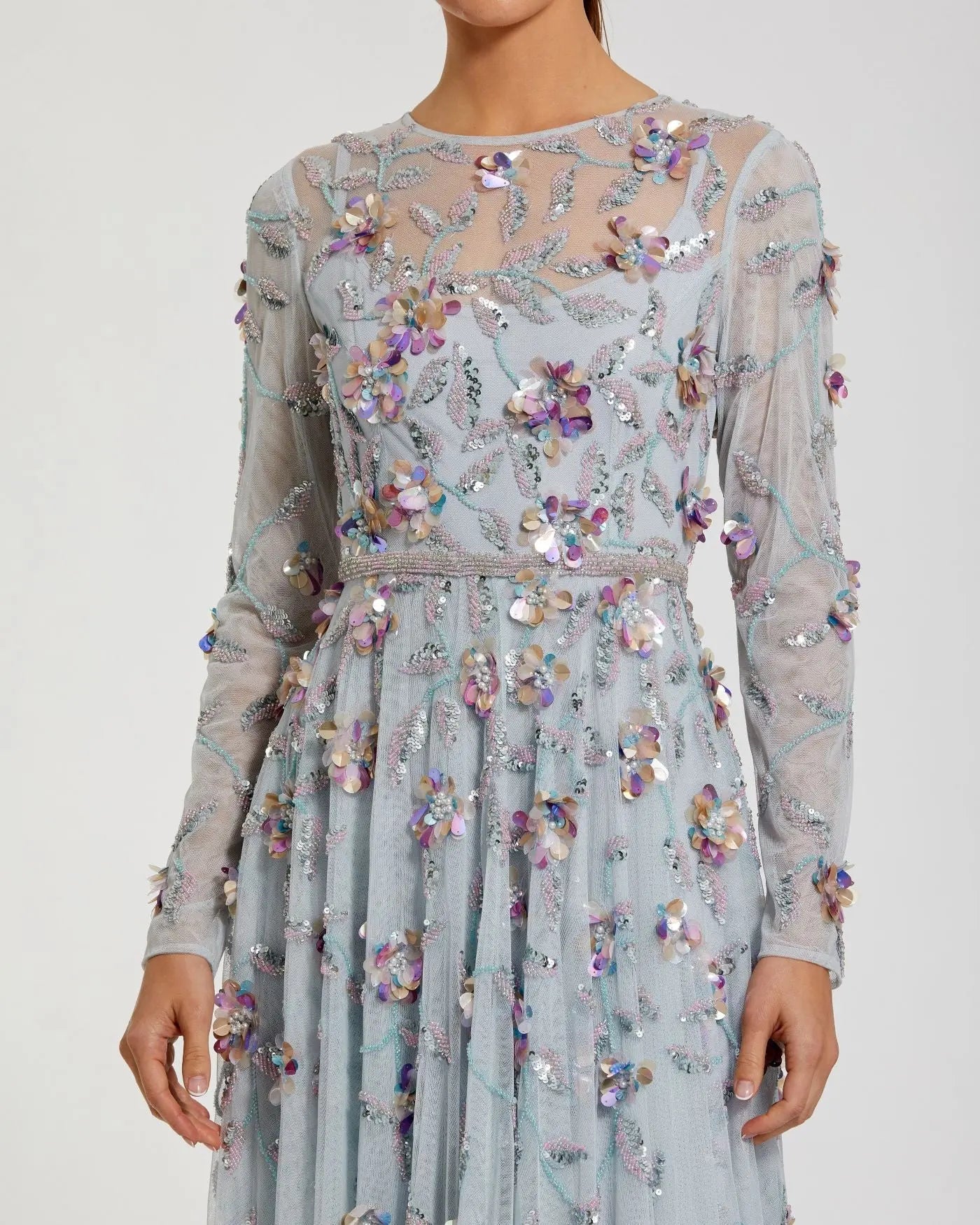 Light Blue Long Sleeve Floral Embellished Evening Gown-Myartka
