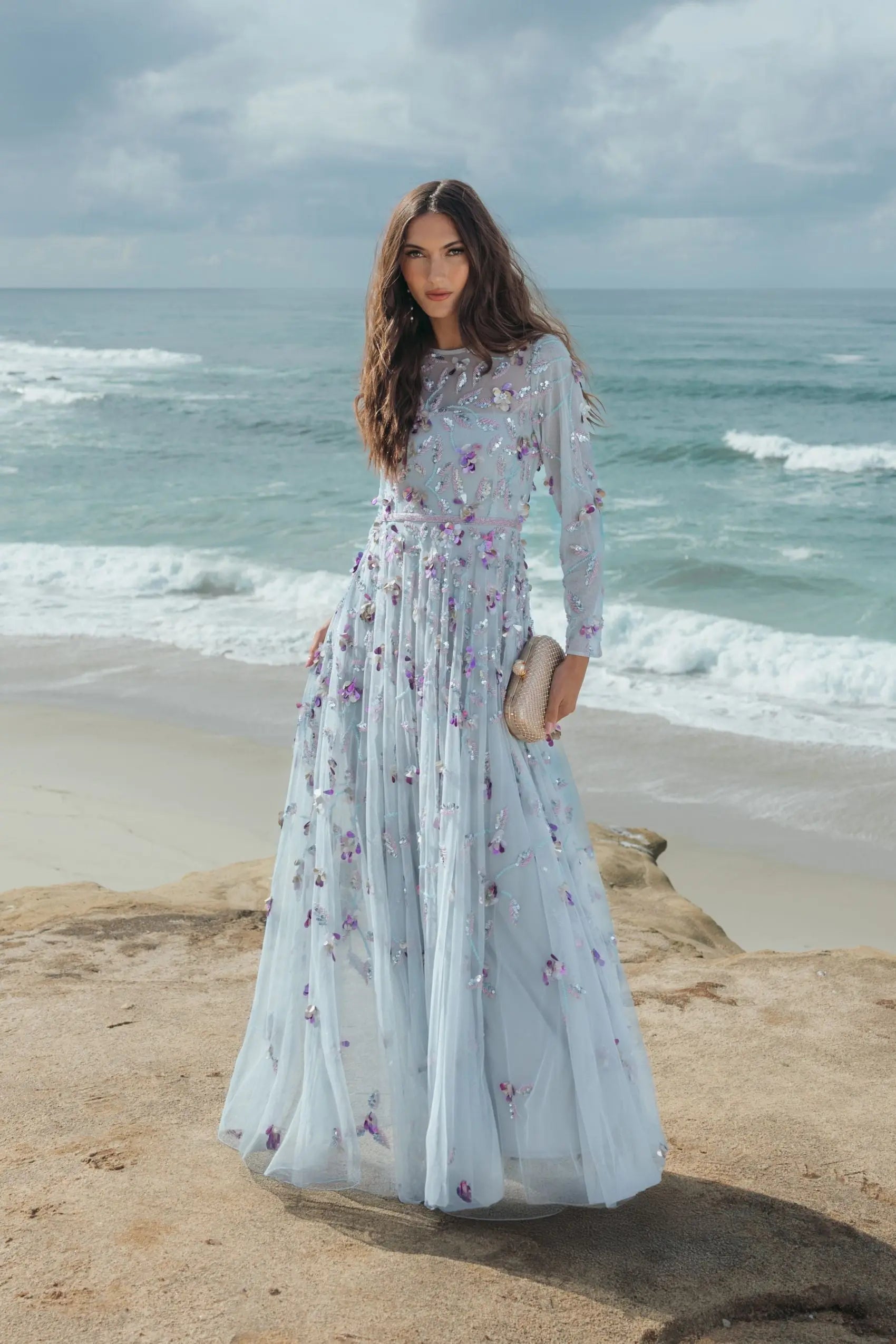Light Blue Long Sleeve Floral Embellished Evening Gown-Myartka