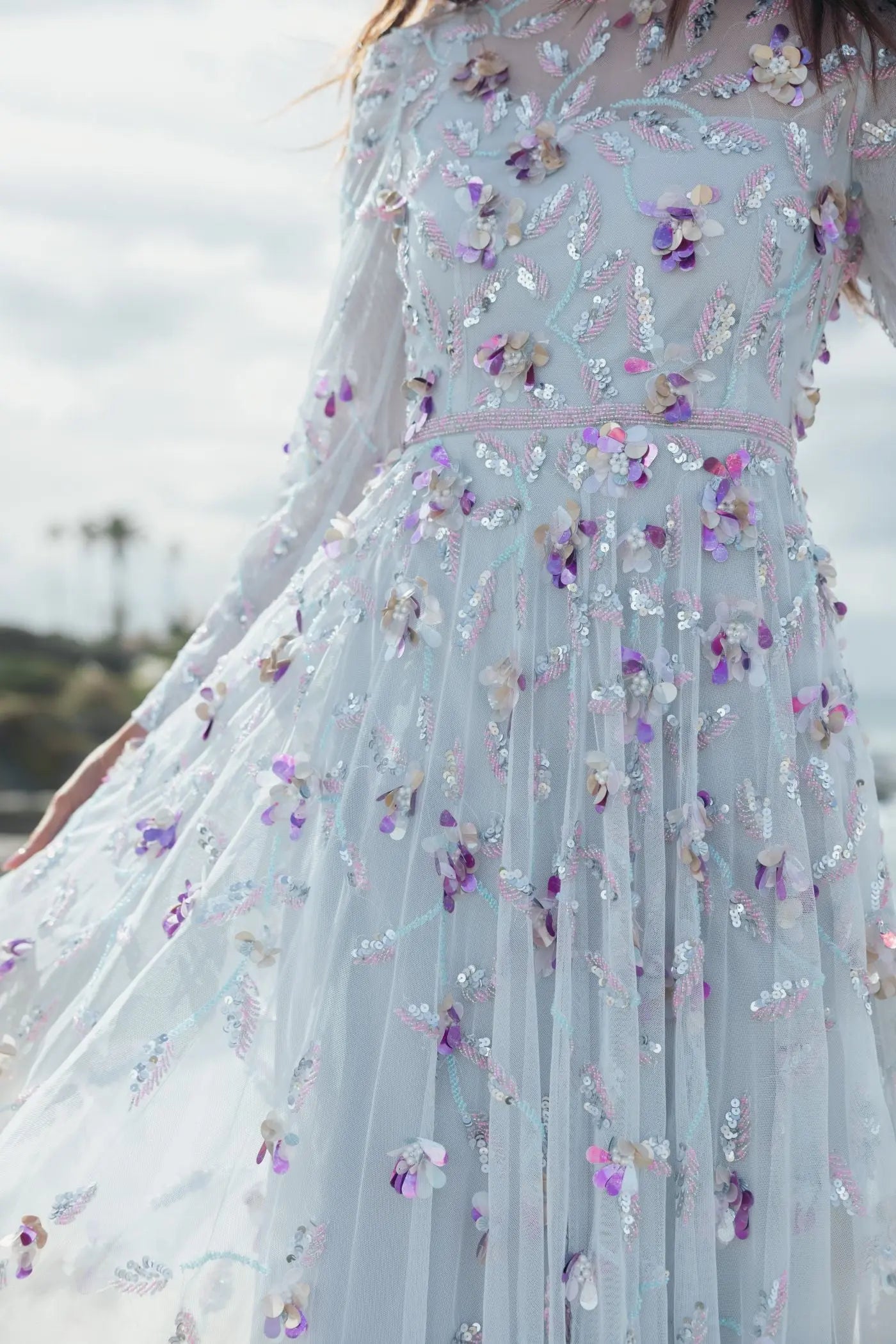 Light Blue Long Sleeve Floral Embellished Evening Gown-Myartka