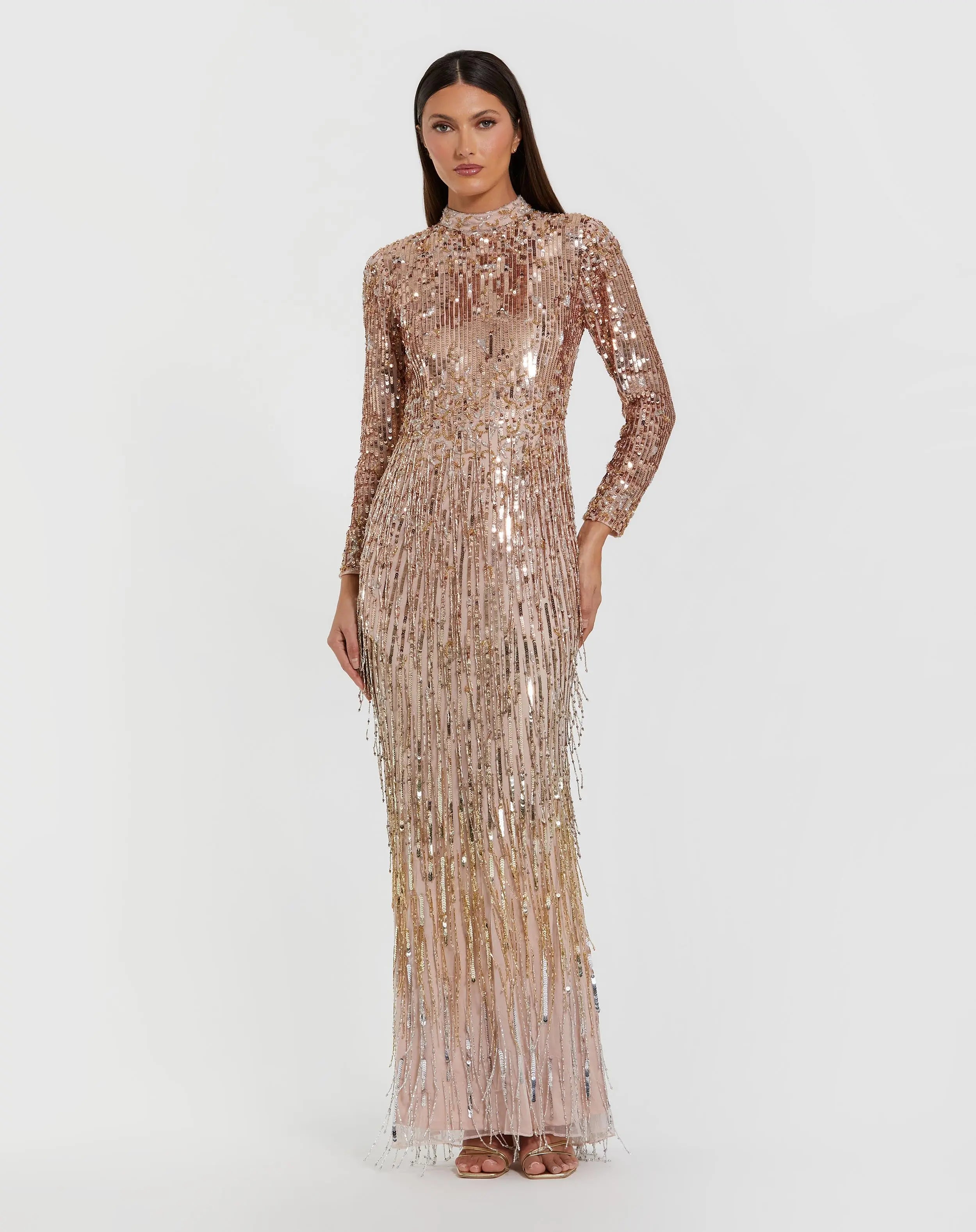 Pink Long Sleeve Fringe Embellished Column Gown-Myartka
