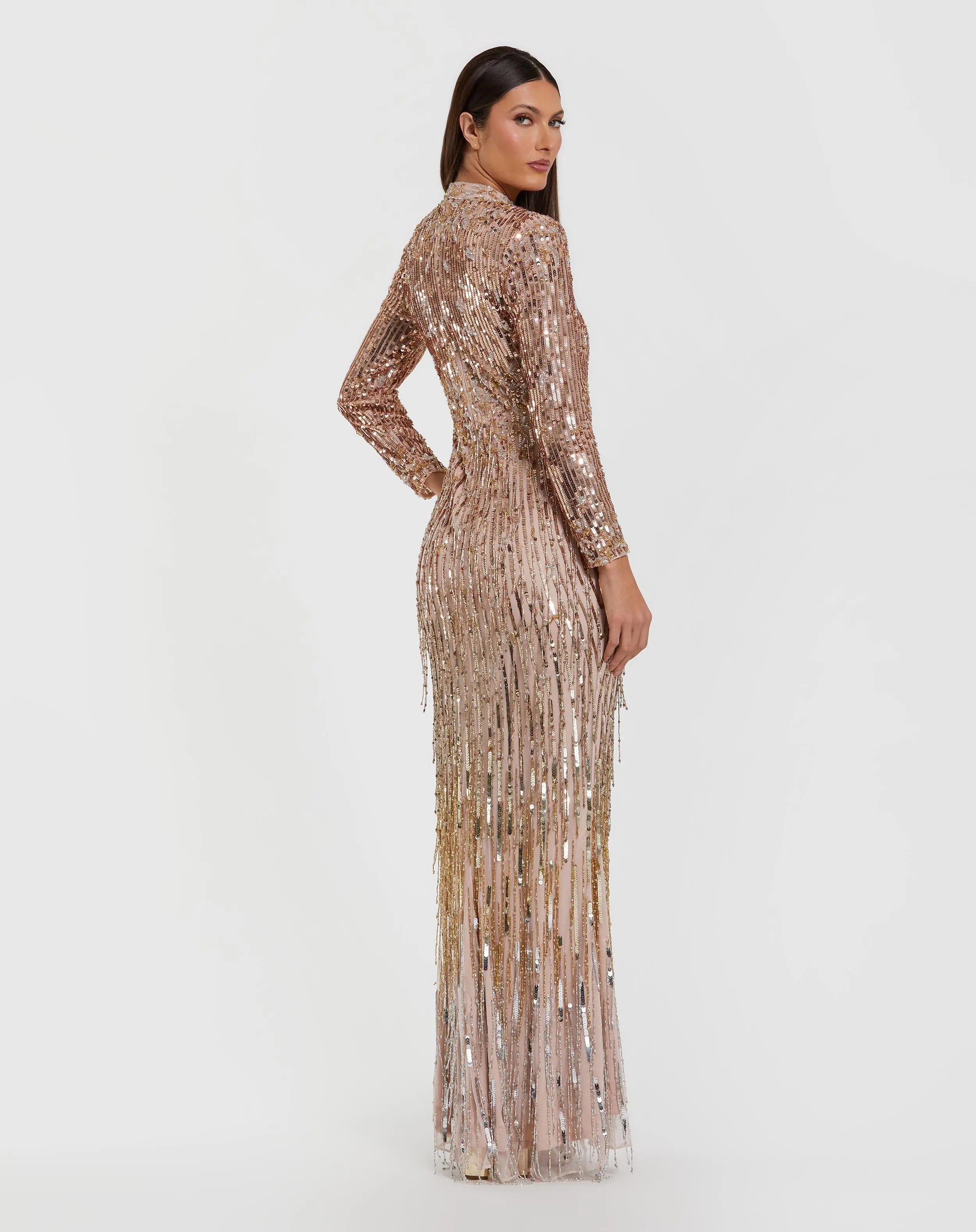 Pink Long Sleeve Fringe Embellished Column Gown-Myartka