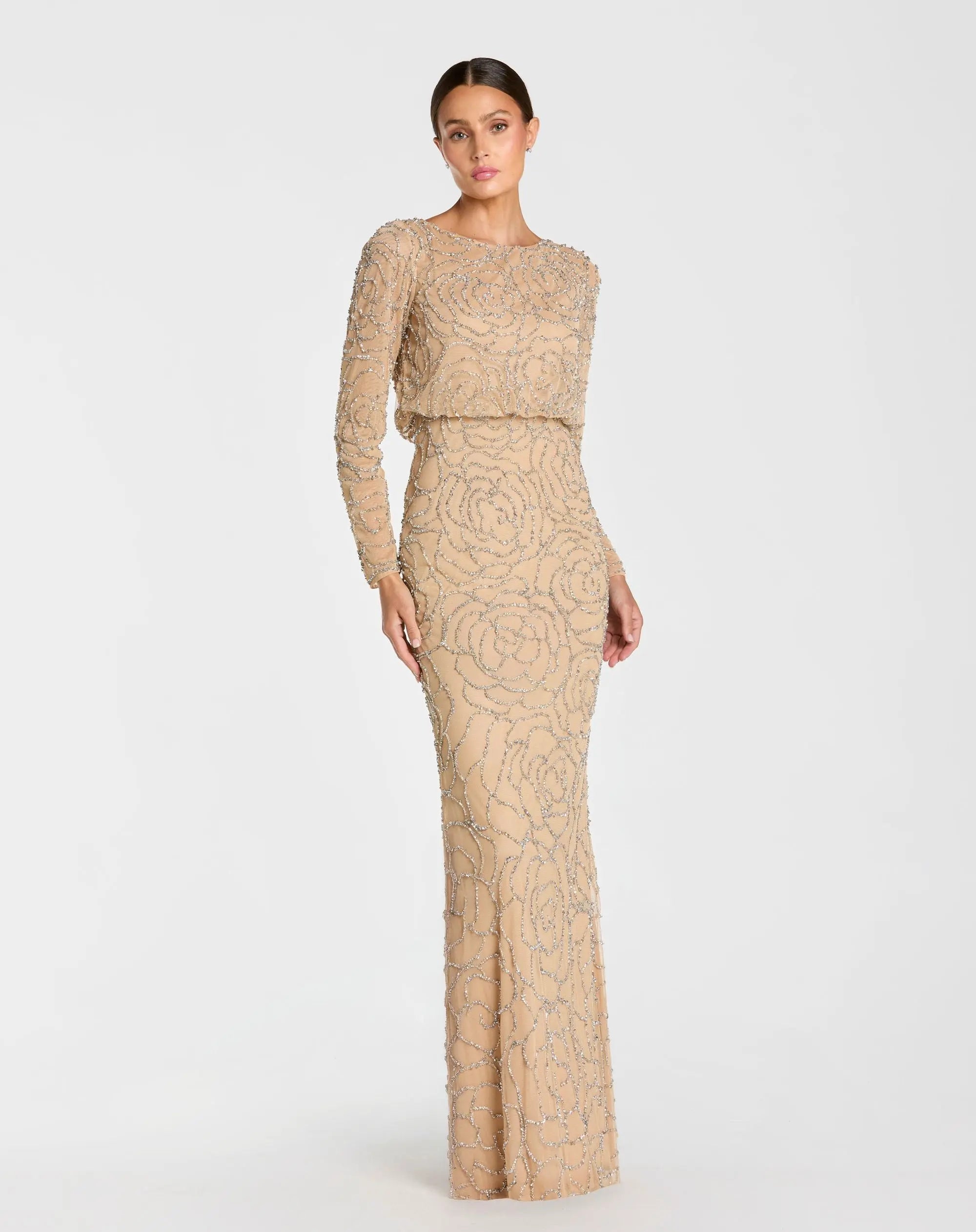 Beige Long Sleeve Beaded Blouson Gown-Myartka